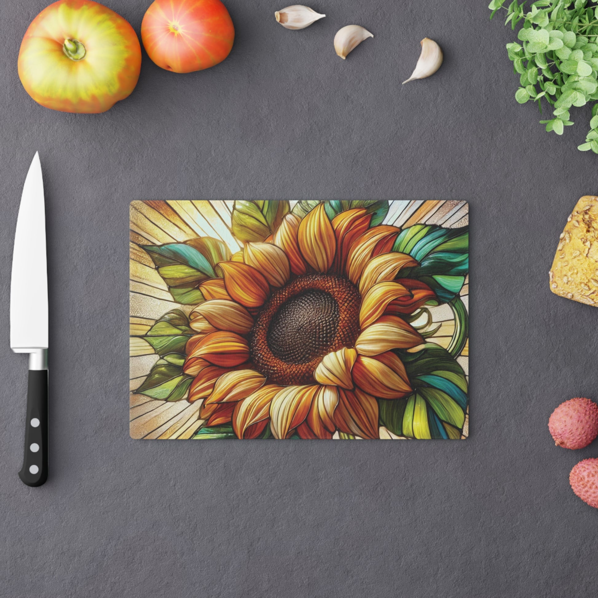 Elegant Sunflower-Stained Glass Cutting Board Floral Charcuterie Kitchen Decor, Useful Gifts for Her Perfect for Cooking, Serving, and Entertaining - MRSBYVALLE