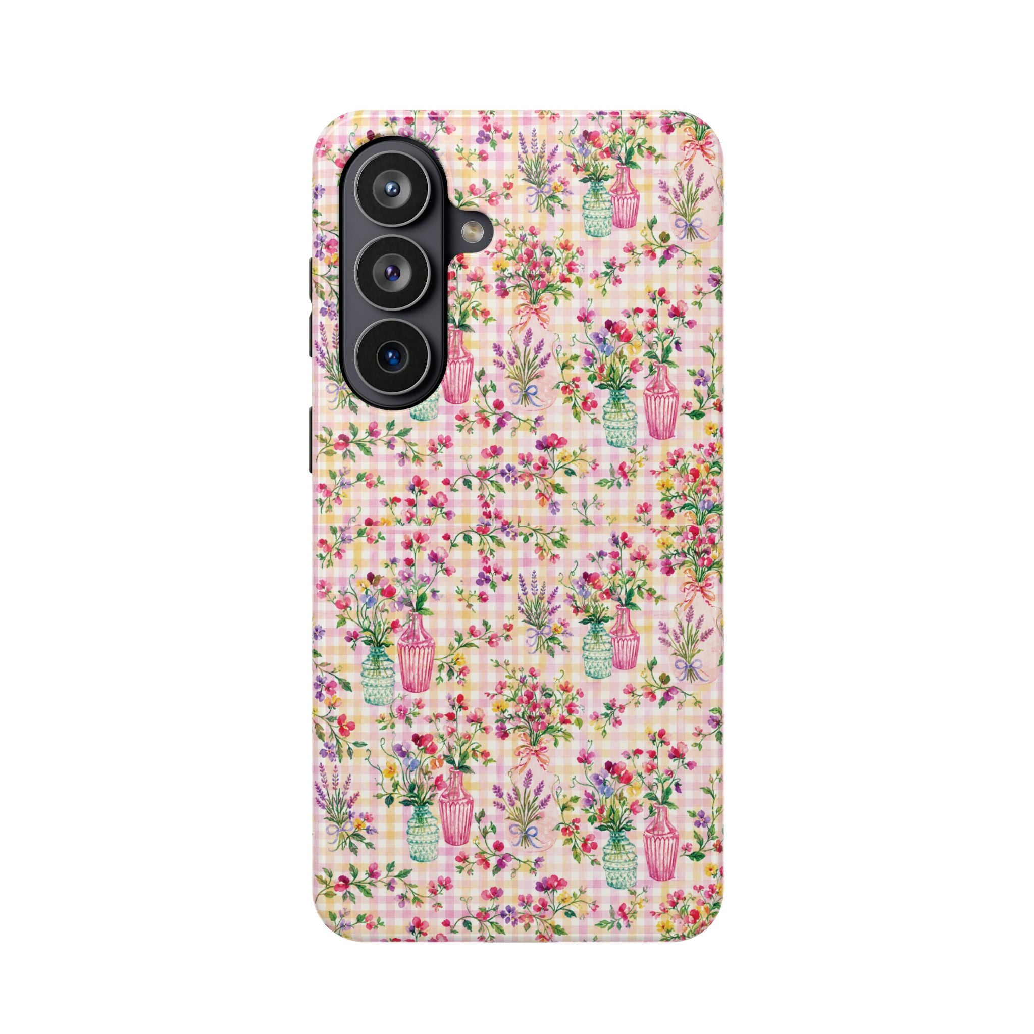 Turquoise & Pink Floral Checker Phone Case — Magnetic Impact-Resistant