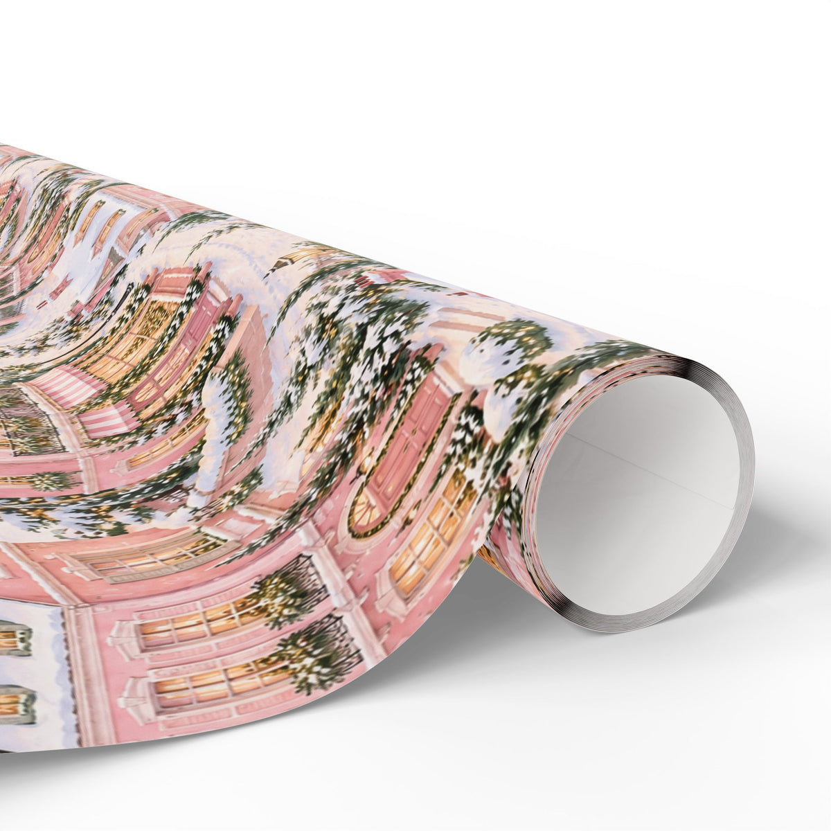 Wrapping Paper — Pink Snowy Village Holiday Gift Wrap (Festive Cottage Pattern)