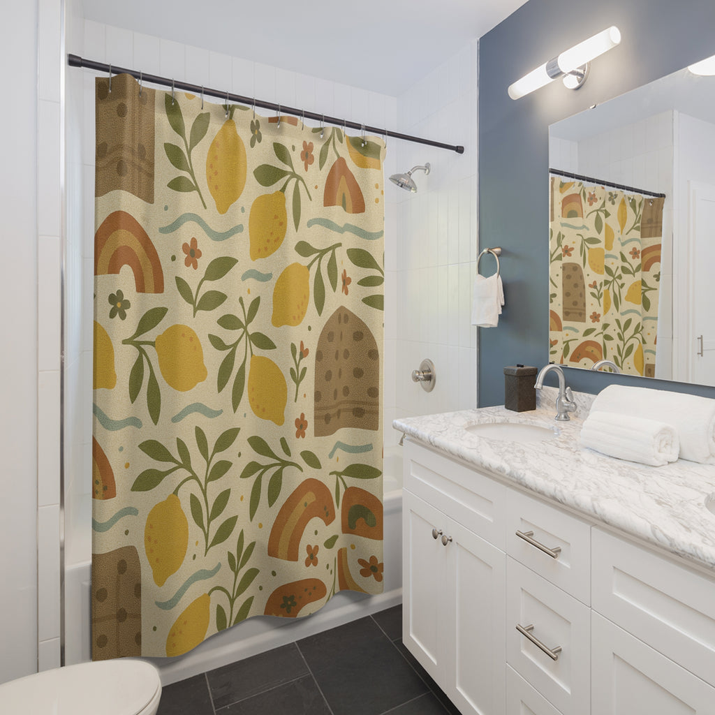 Boho Lemon Shower Curtain Yellow Lemons & Lavender Floral Print, 71x74 Inches, Modern Boho Bathroom Decor, Waterproof Fabric, Hooks Not Included