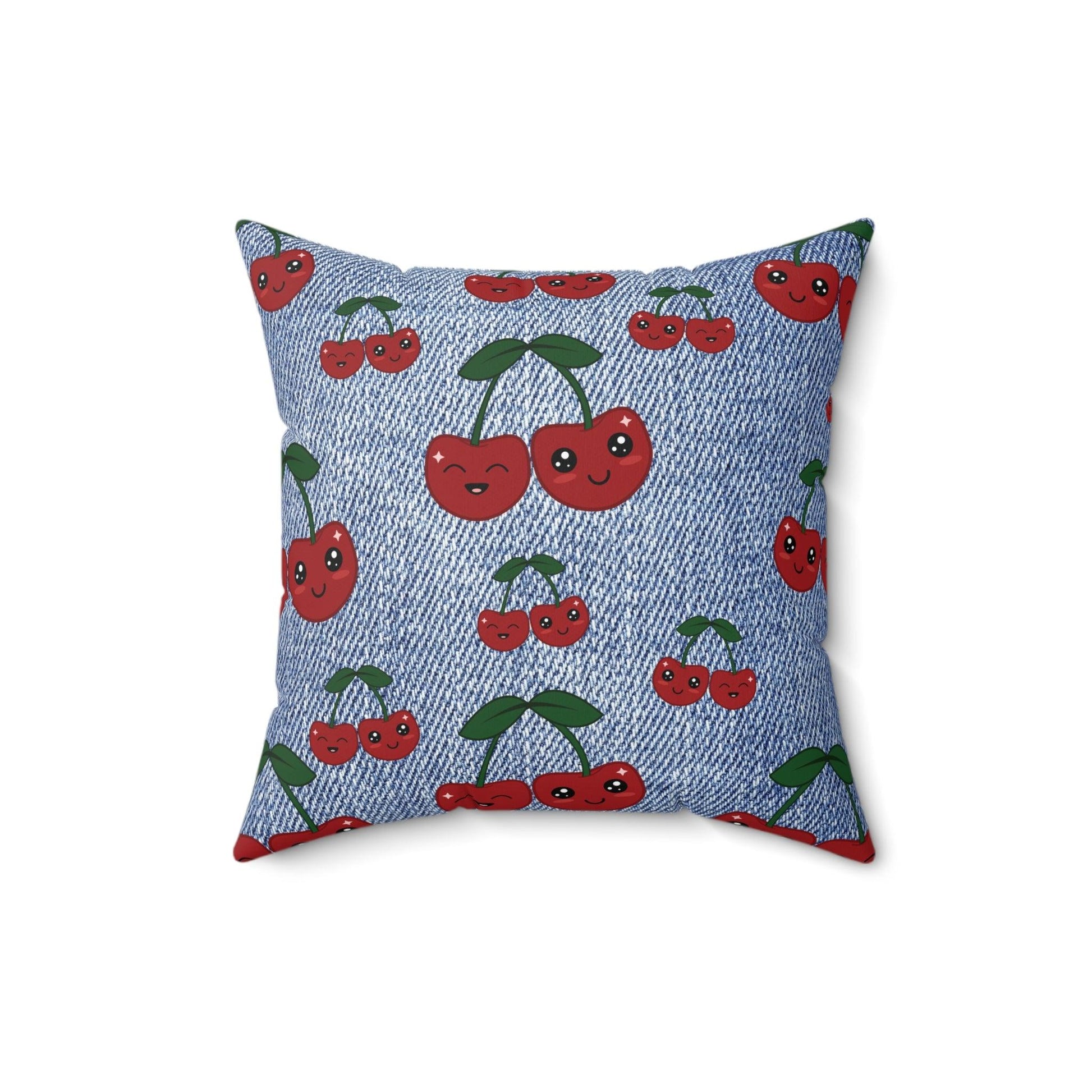 Stylish Square Pillow with Unique Faux Denim Cherry Design Add a Touch of Elegance and Comfort to Your Living Space with Our Soft and Decorative Cushion for Living Room, Bedroom or Housewarming Gift New House, Bridal Shower Gift - MRSBYVALLE