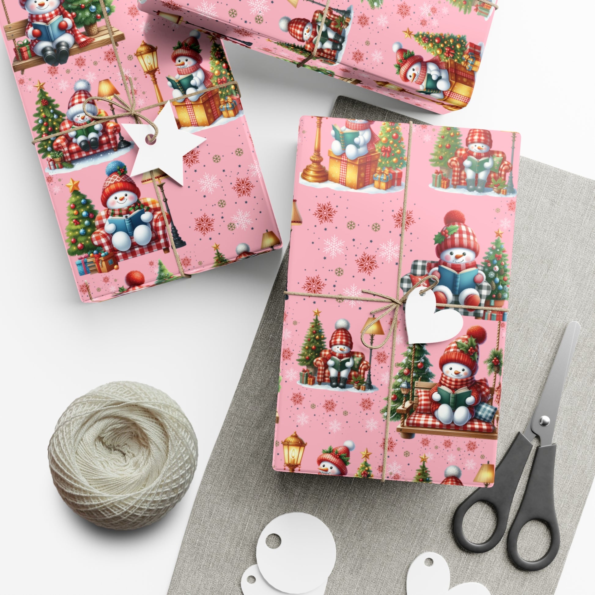 Pink Christmas Snowman Wrapping Paper with Adorable Pink Bows Perfect for Whimsical Christmas Gift Wrap | Festive Holiday Present Wrapping Sheets - MRSBYVALLE