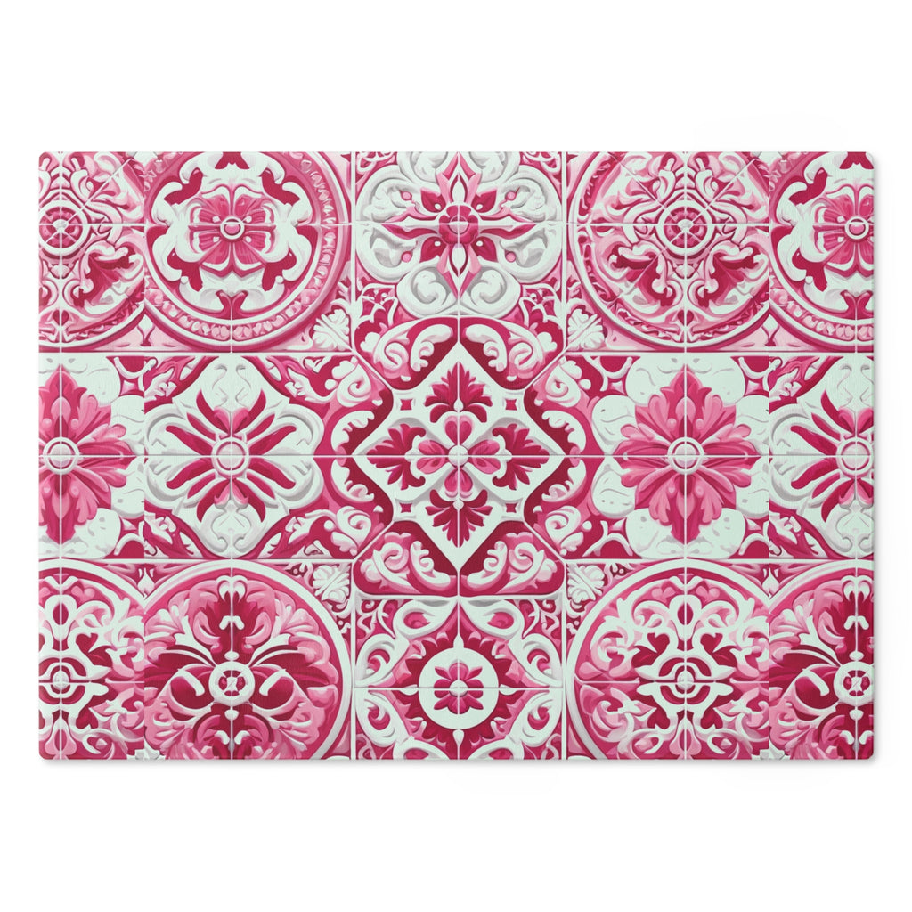 New House Tempered Glass Cutting Board with Pink and White Mediterranean Tile Design Ultra-Durable Kitchen Accessory for Stylish Cooking Kitchen Decor with Elegant Design, Housewarming, New House Gift - MRSBYVALLE