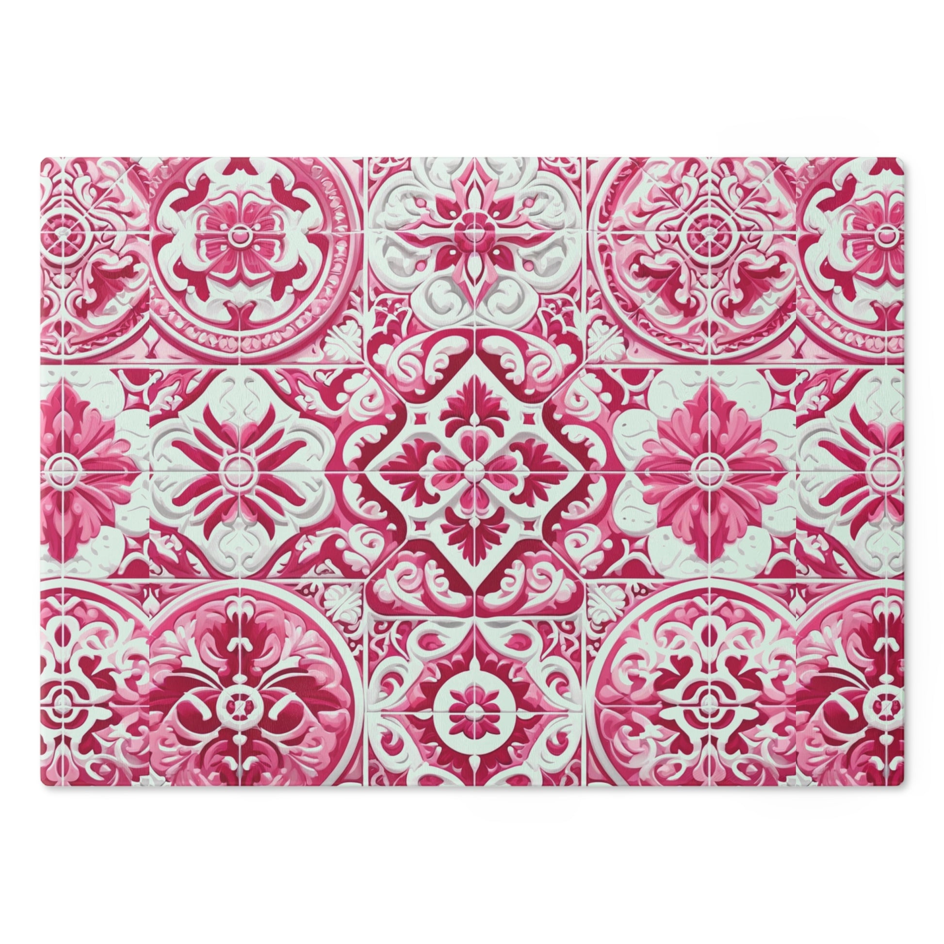 New House Tempered Glass Cutting Board with Pink and White Mediterranean Tile Design Ultra-Durable Kitchen Accessory for Stylish Cooking Kitchen Decor with Elegant Design, Housewarming, New House Gift - MRSBYVALLE