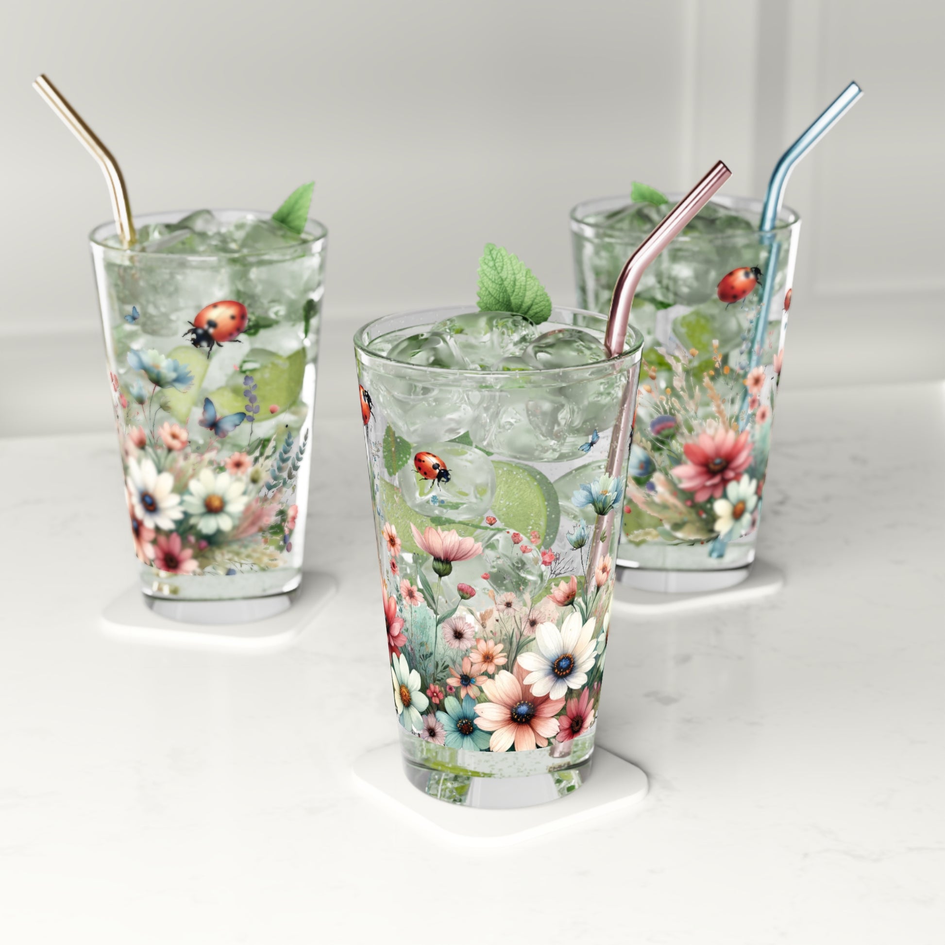 Watercolor Lady Bugs and Floral 16oz Pint Glass Delicate Blooms for Refreshing Sips Art Gifts, Party Drinkware, Cocktail Glass Housewarming Perfect Gift Party Drinkware, Cocktail, Wedding Perfect for Parties Glassware, New House Gift.