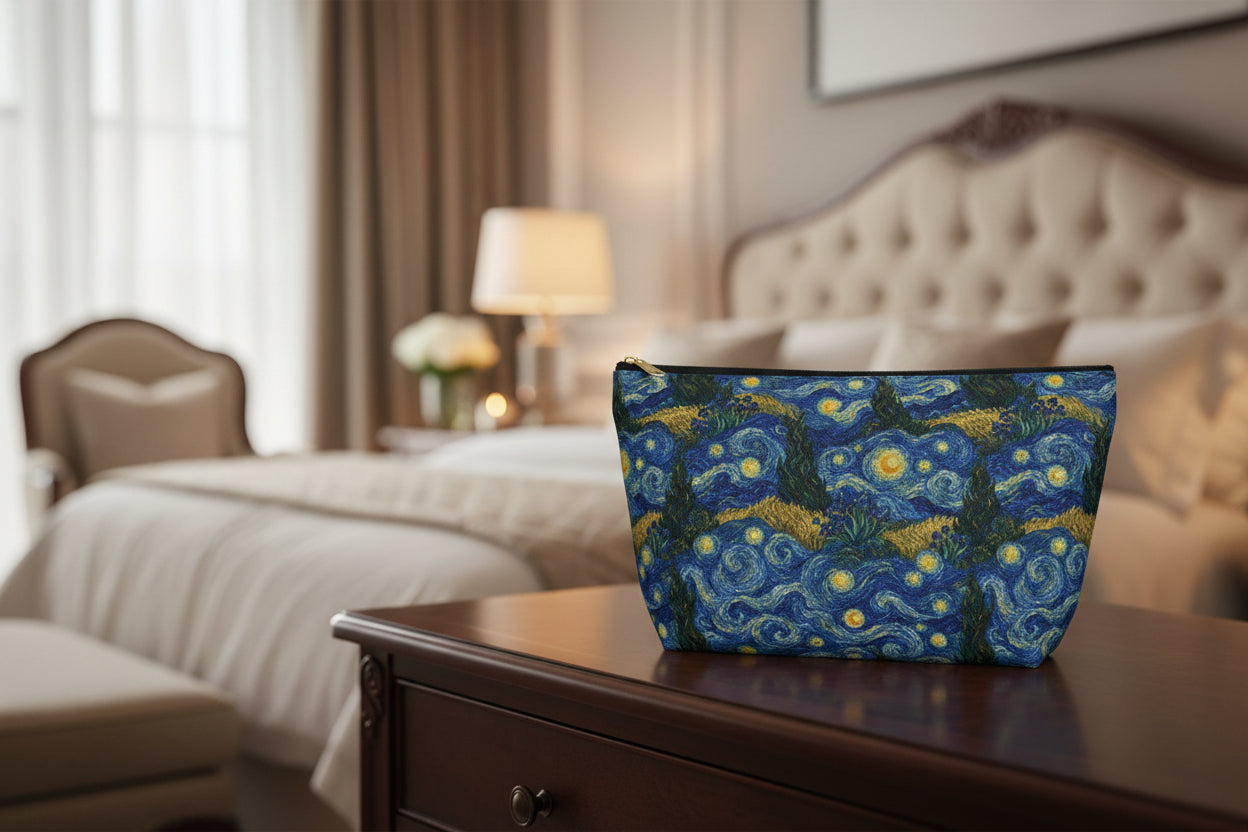 Pouch with 'Starry Night' design on a white background