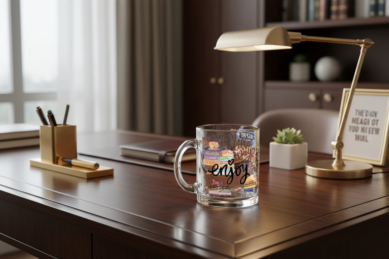 Clear glass mug with colorful text and graphics on a white background