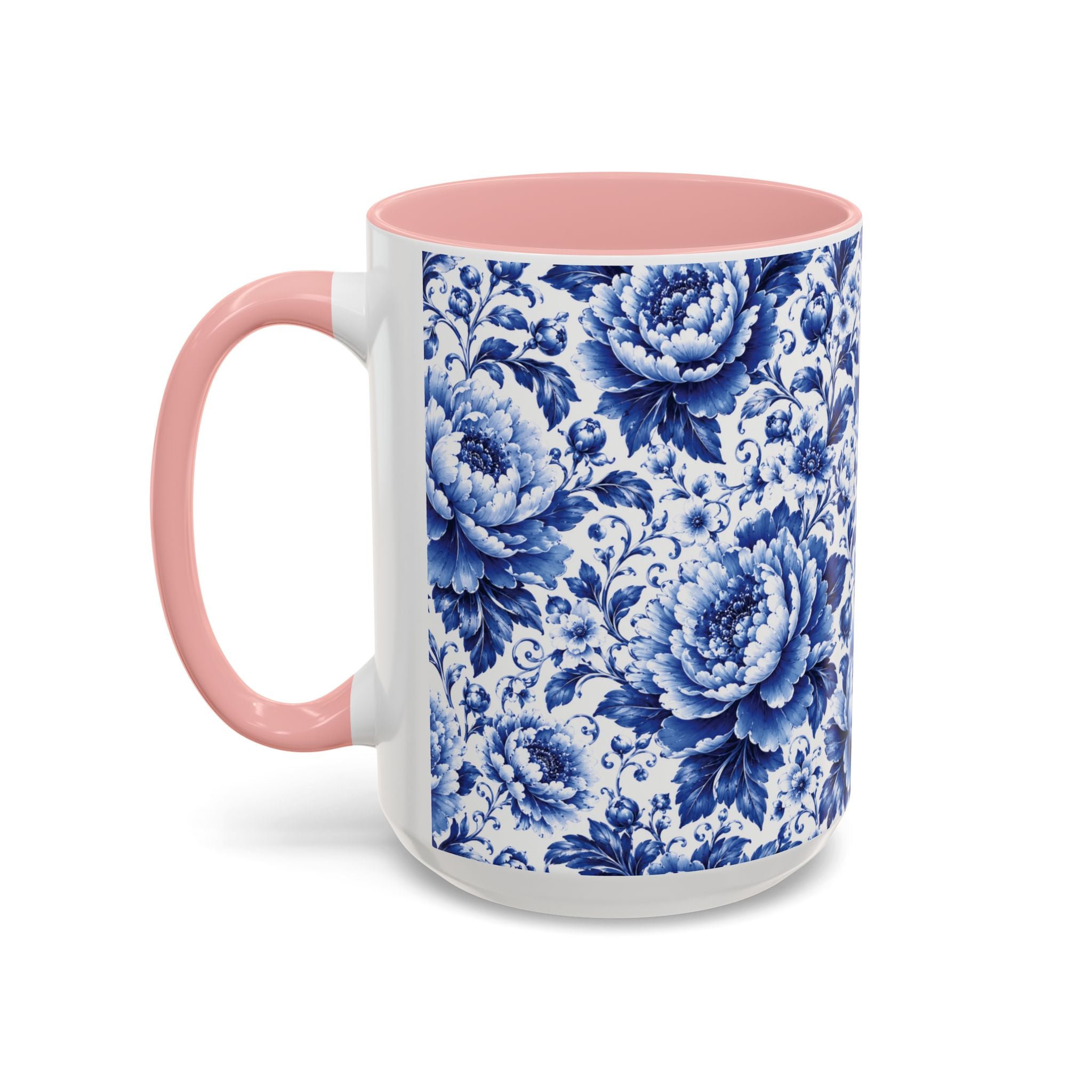Blue Floral Ceramic Coffee Mug — Vintage Delft Peony Accent (11oz & 15oz) Blue & White Chinoiserie Tea Mug