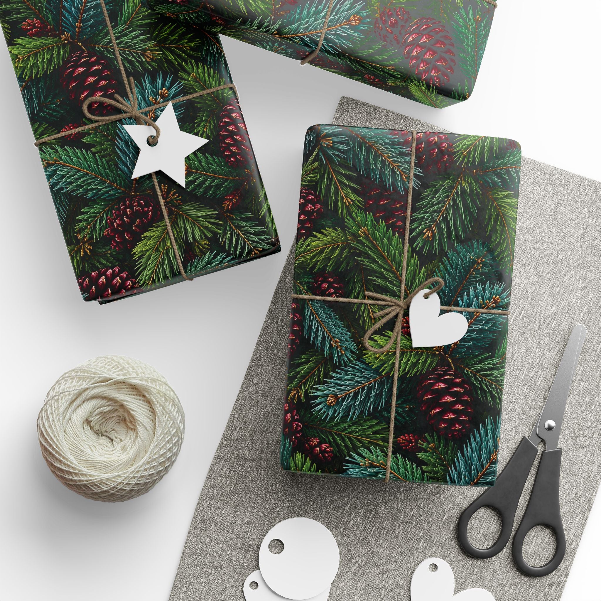 Vintage Colorado Spruce Gift Wrap Evergreen Pine & Burgundy Pinecone Christmas Wrapping Paper