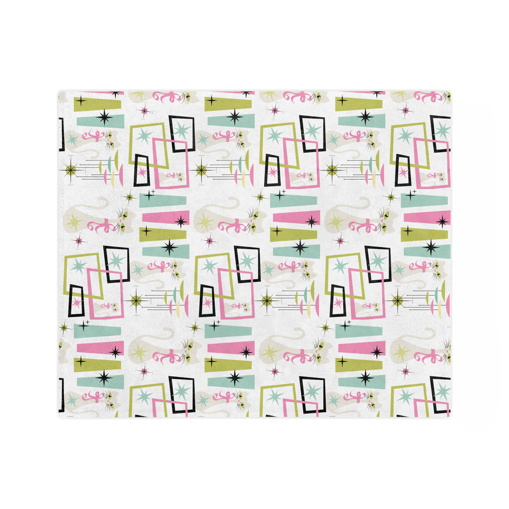 Pastel Atomic Kitty Cats Square Minky Blanket  Retro Mid-Century Modern Style for a Chic Throw in 60x50 & 80x60, Vintage Lightweight, Warm, Perfect for Home & Gift Giving Housewarming Gift Throw