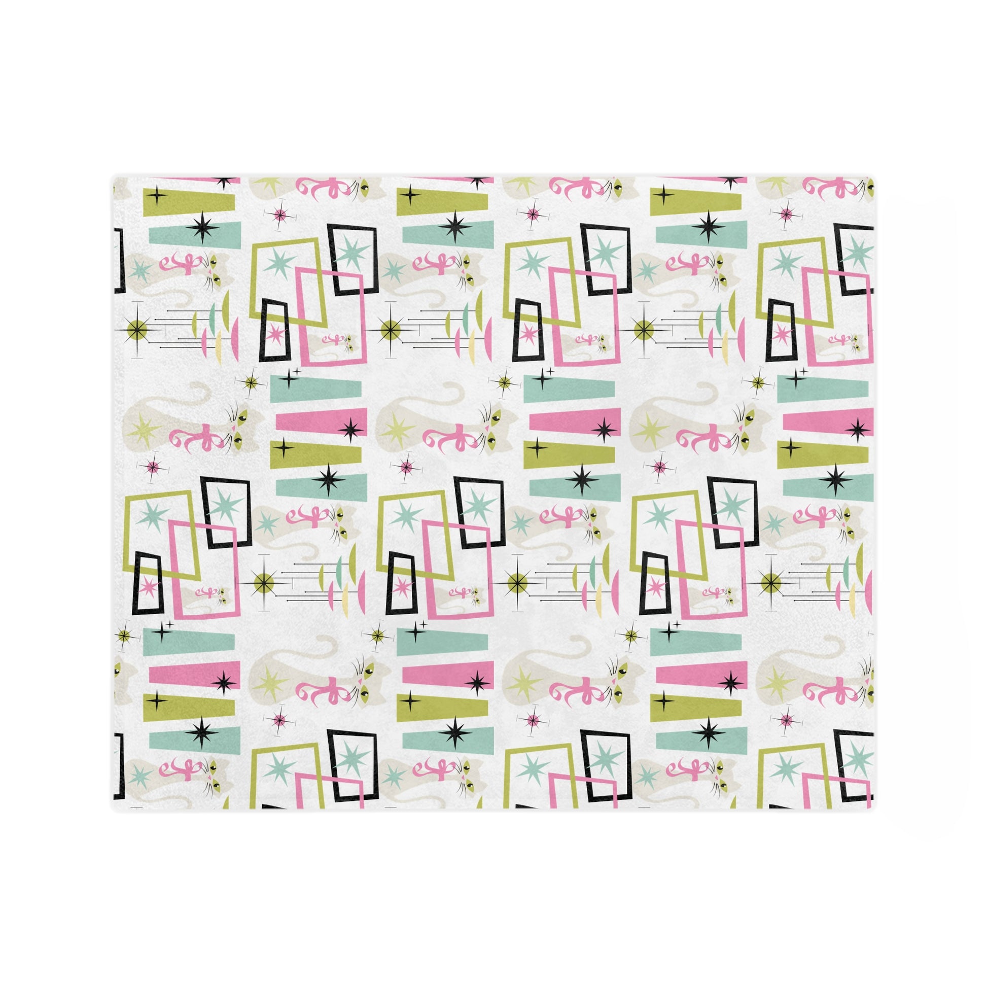 Pastel Atomic Kitty Cats Square Minky Blanket  Retro Mid-Century Modern Style for a Chic Throw in 60x50 & 80x60, Vintage Lightweight, Warm, Perfect for Home & Gift Giving Housewarming Gift Throw
