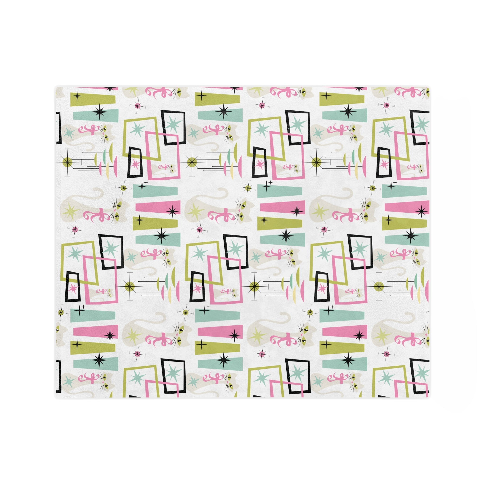 Pastel Atomic Kitty Cats Square Minky Blanket  Retro Mid-Century Modern Style for a Chic Throw in 60x50 & 80x60, Vintage Lightweight, Warm, Perfect for Home & Gift Giving Housewarming Gift Throw