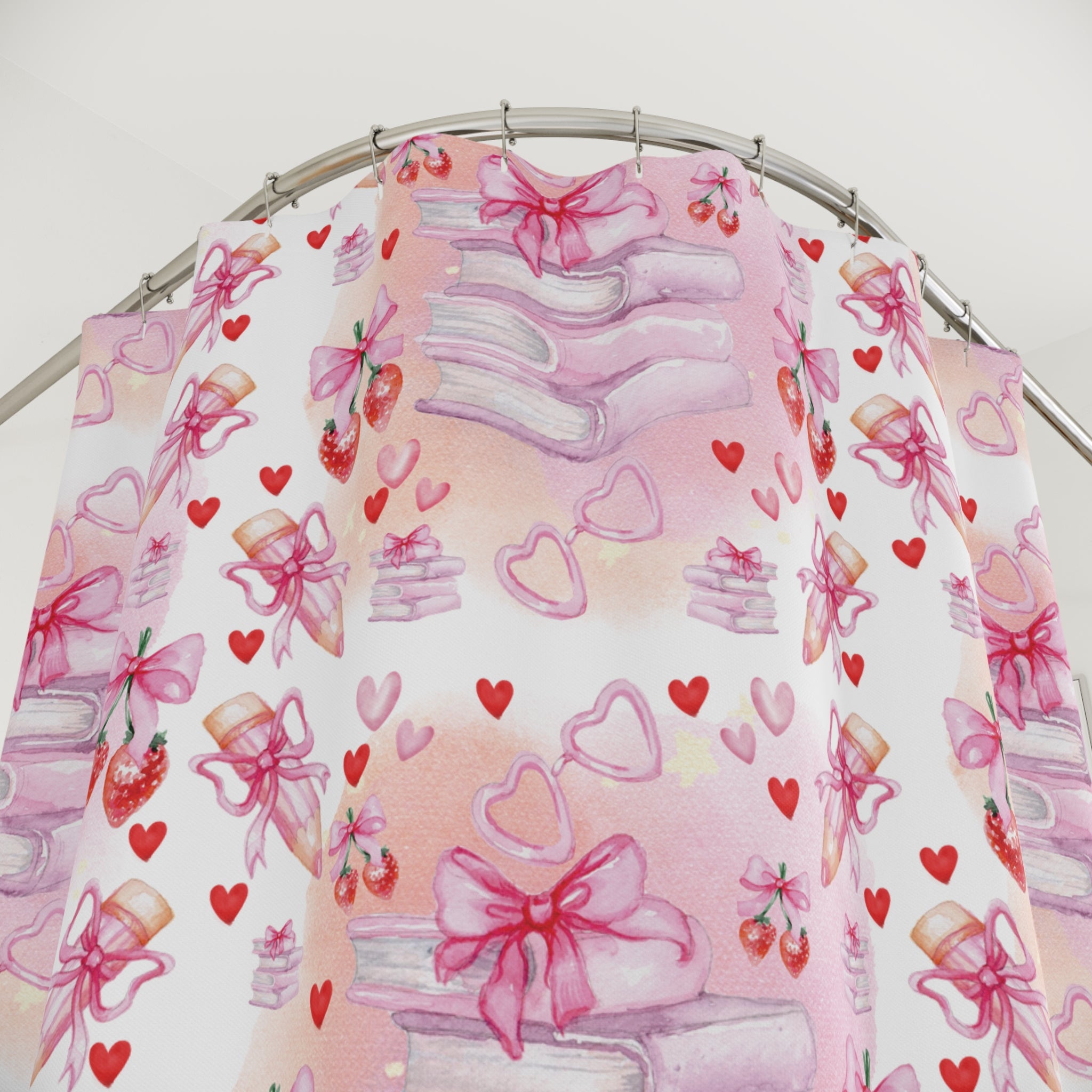 Romantic Pink Books and Bows Shower Curtain | Literary Bedroom Decor