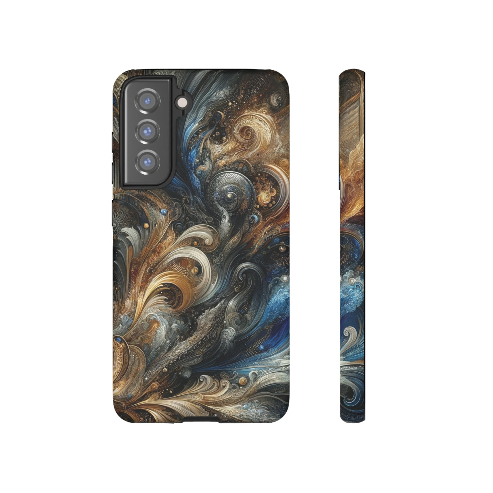 Gold and Navy Art Design Luxury Phone Tough Case Floral Elegant Durable Stylish for Modern Devices iPhone 15, Samsung iPhone Samsung Accessory Gift for Her.