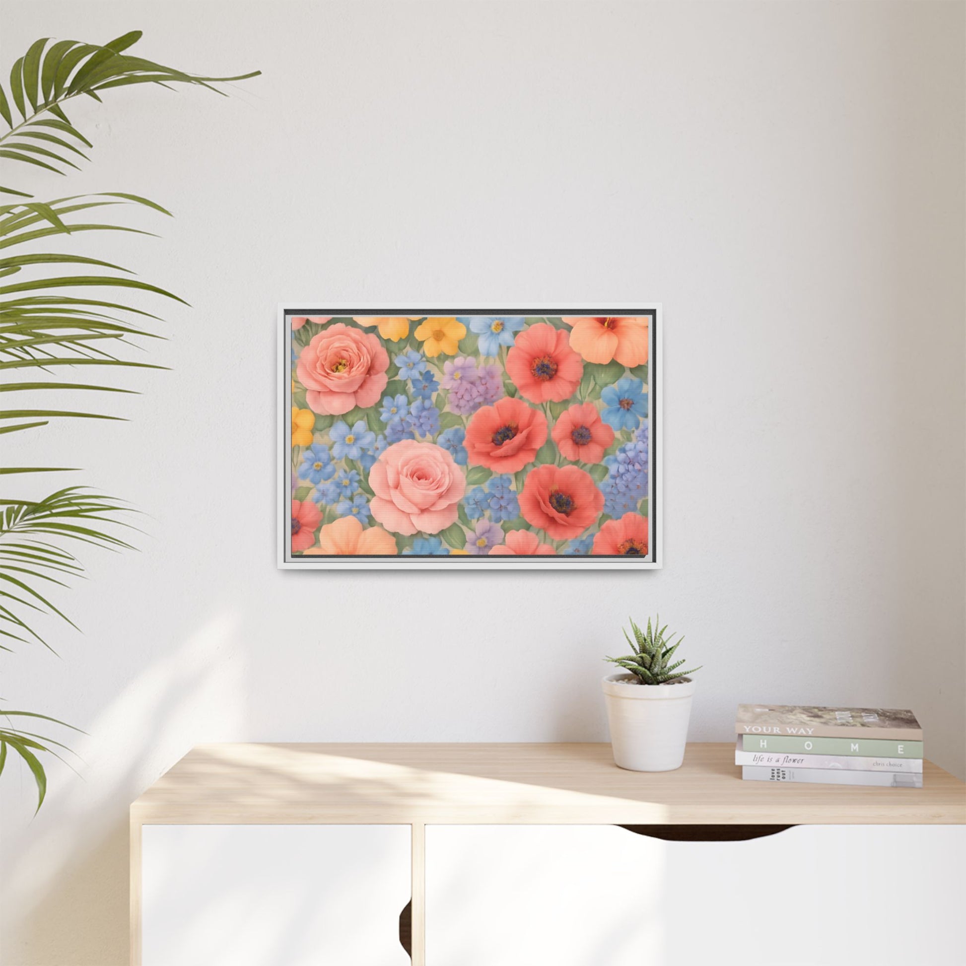 Luxury Framed Floral Canvas – Bold Multi-Color Botanical Wall Art, Elegant Nature-Inspired Accent for Living Room, Bedroom, or Office Décor Gift for Mom