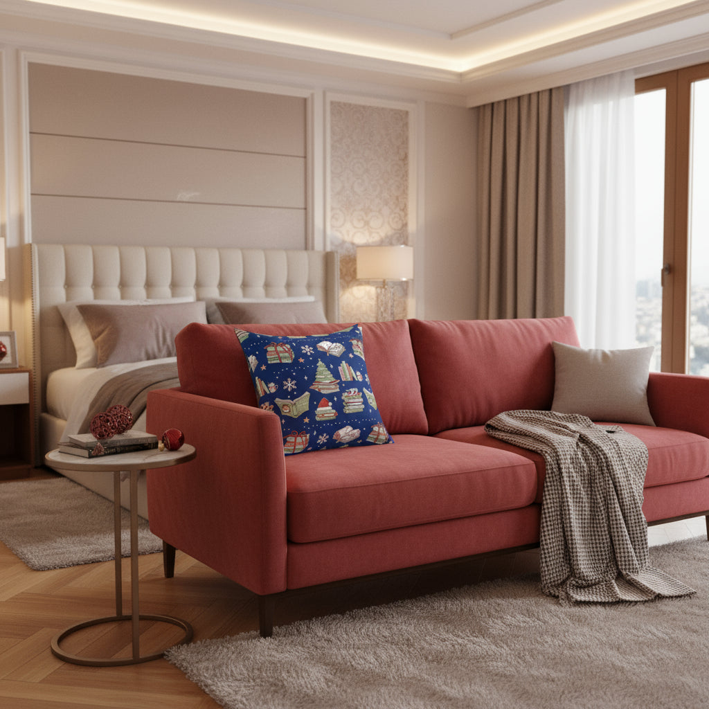 Decorative pillow with Christmas-themed pattern on a blue background