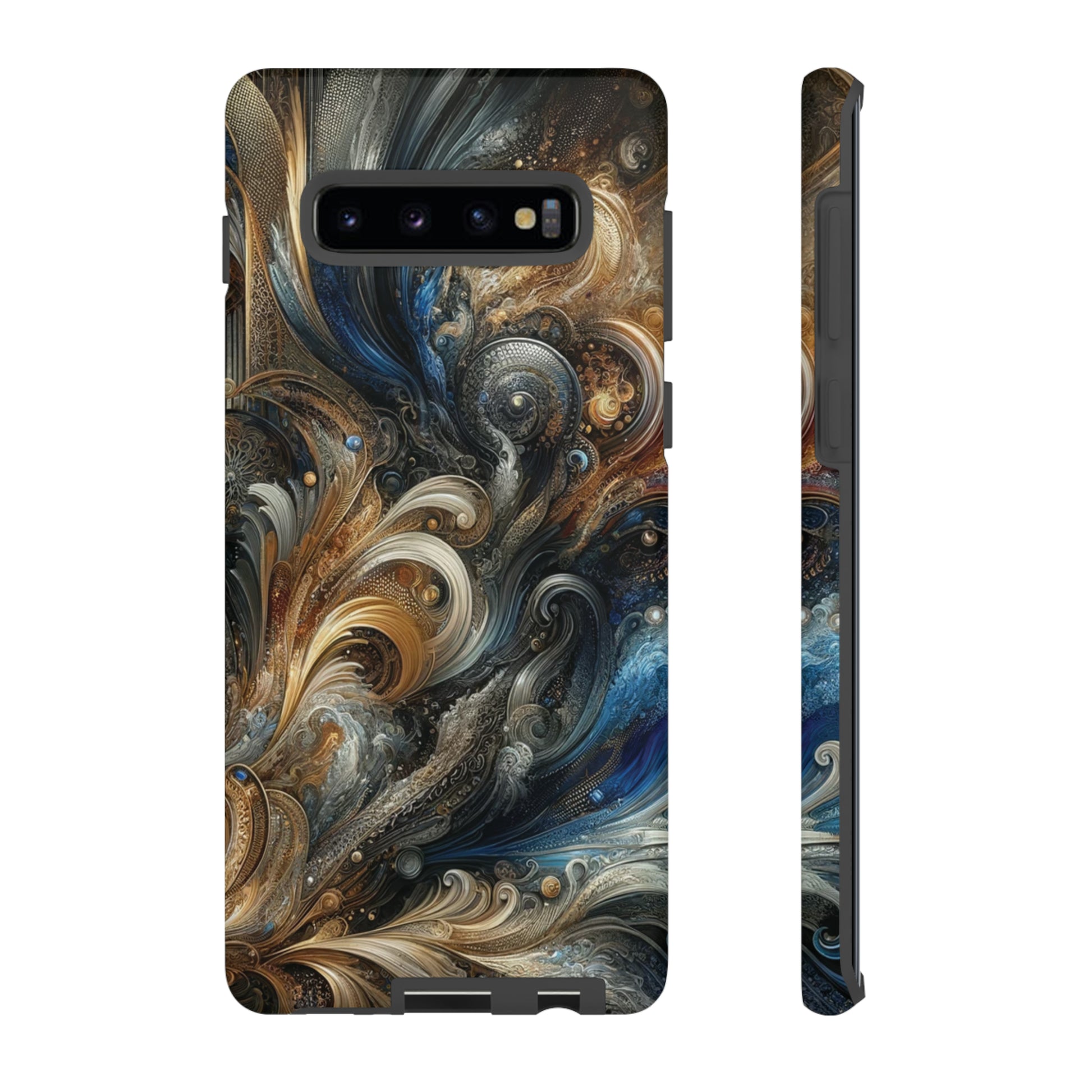 Gold and Navy Art Design Luxury Phone Tough Case Floral Elegant Durable Stylish for Modern Devices iPhone 15, Samsung iPhone Samsung Accessory Gift for Her.