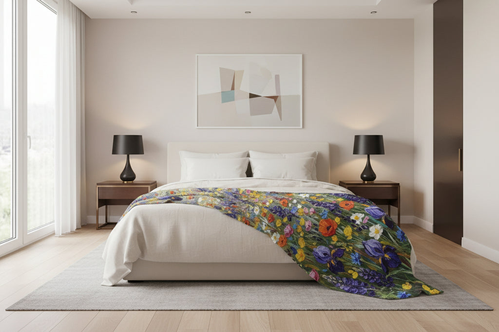 Colorful painting of a field of flowers with various colors on a white background