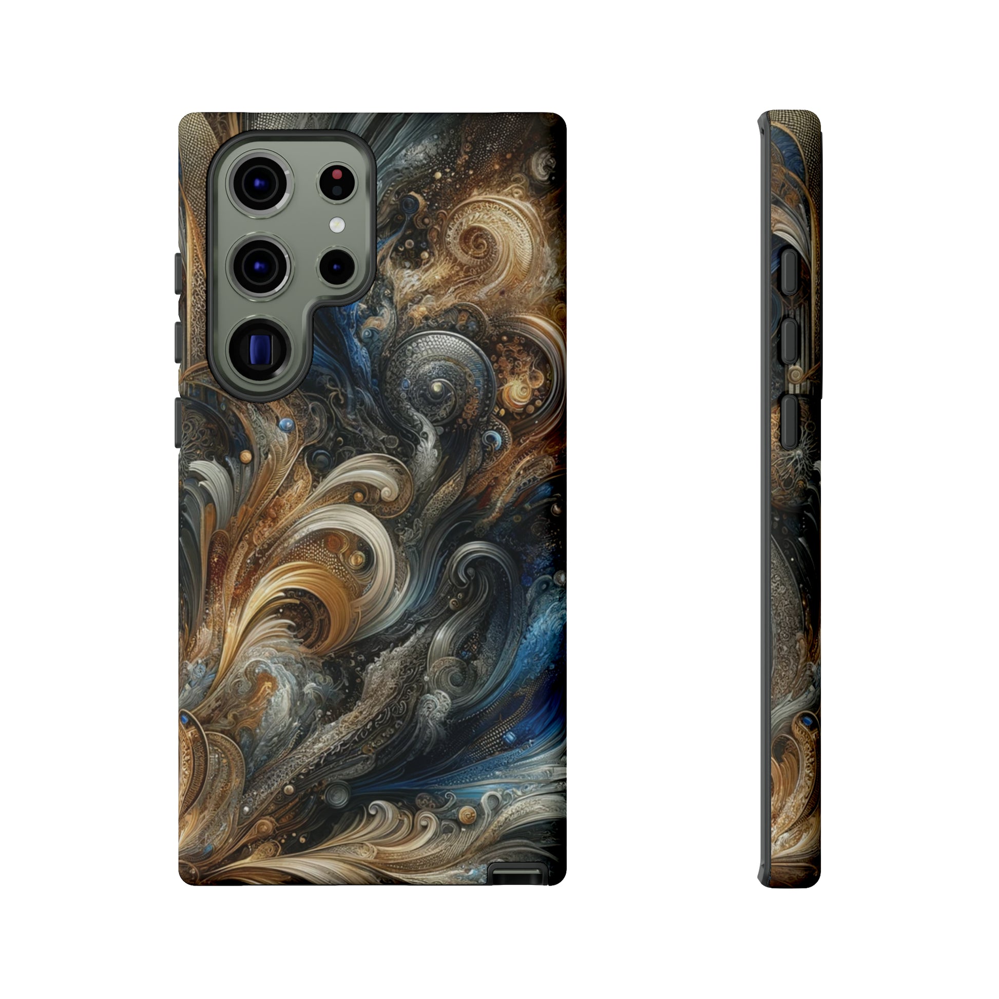 Gold and Navy Art Design Luxury Phone Tough Case Floral Elegant Durable Stylish for Modern Devices iPhone 15, Samsung iPhone Samsung Accessory Gift for Her.