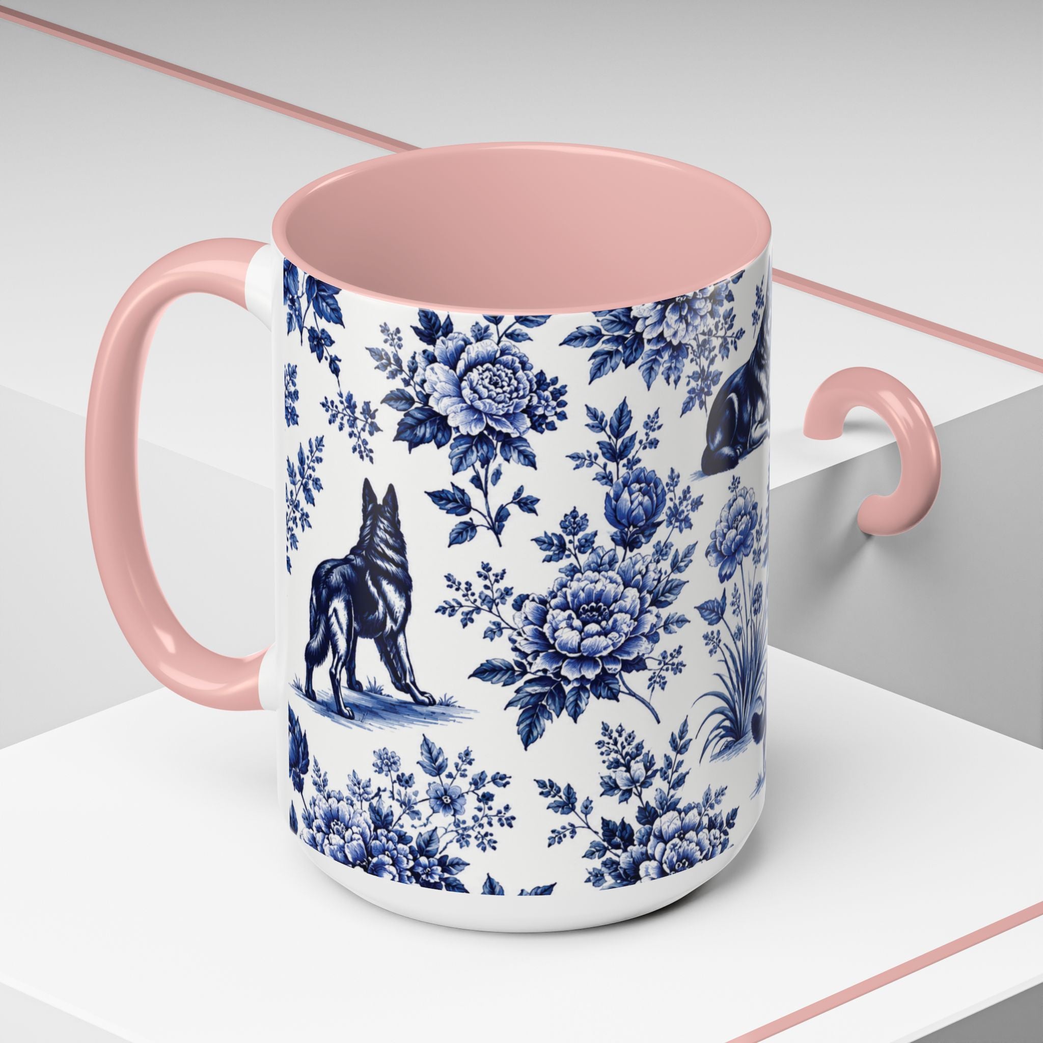 Elegant German Shepherd Floral Mug | Luxury Blue Toile Coffee Mug 11/15oz Accent Ceramic