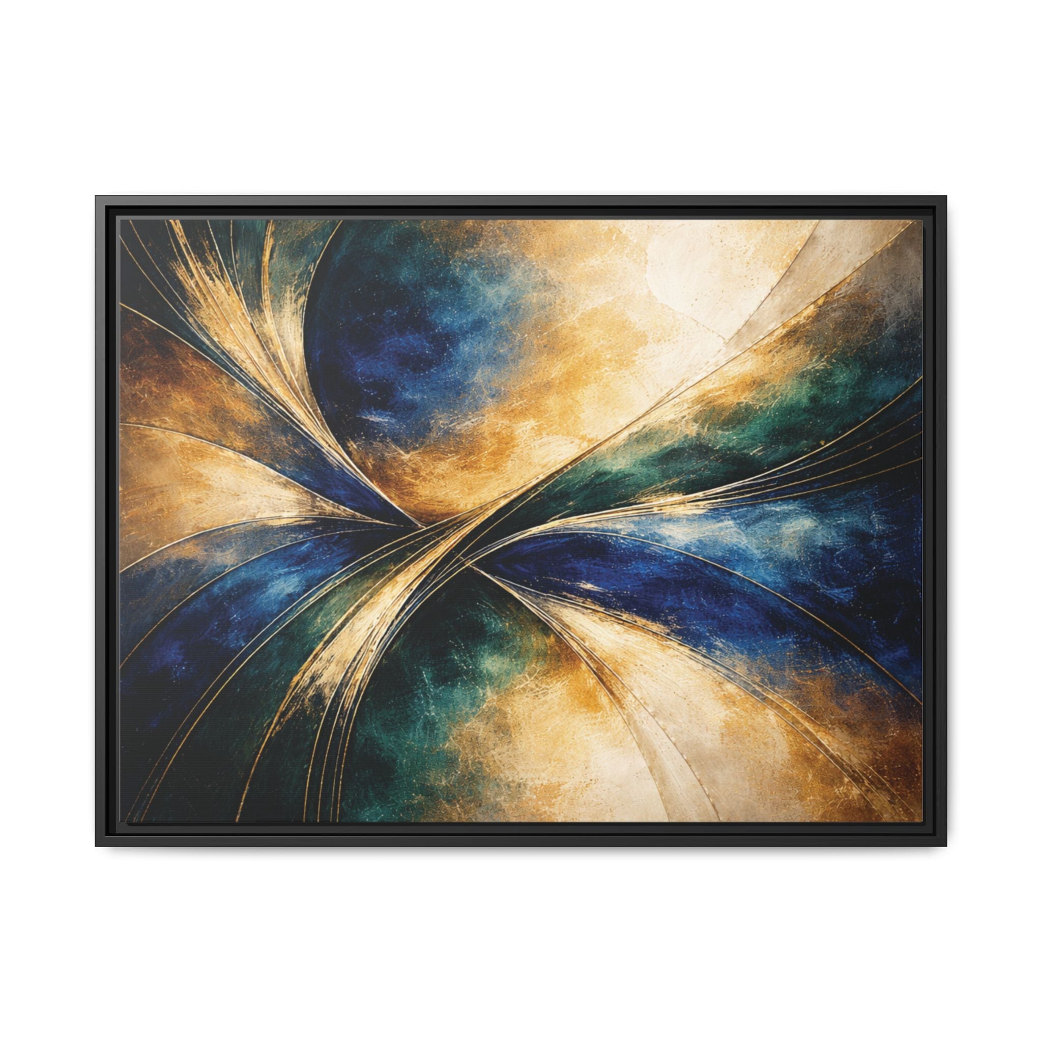 Gilded Convergence  Luxe NeoDeco Blue & Gold Abstract Wall Art Framed