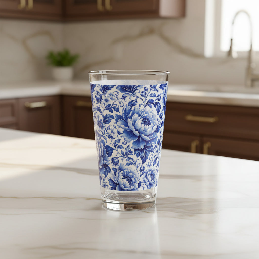 Blue & White Chinoiserie Peony 16 oz Pint Glass | Elegant Floral Drinkware Parties