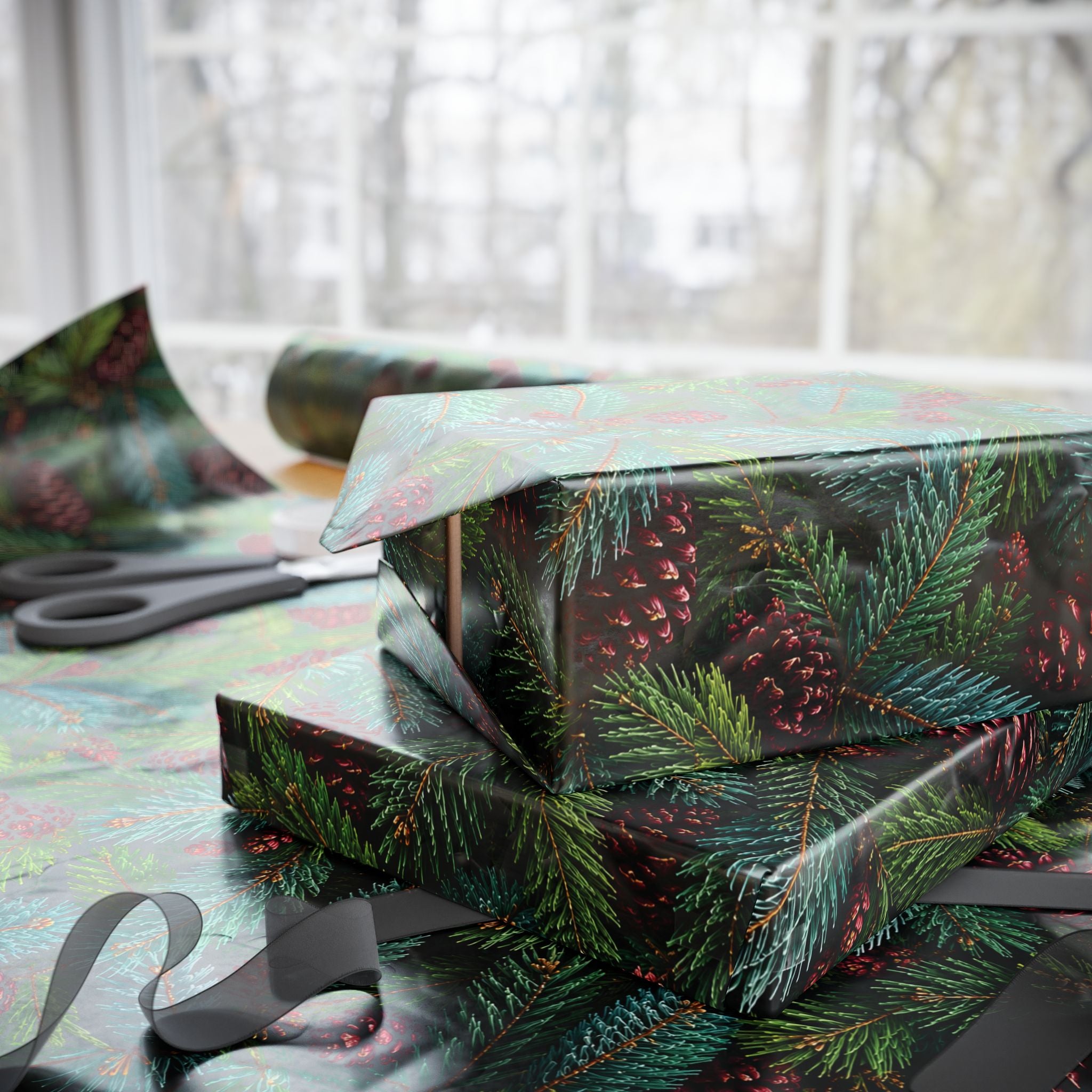 Vintage Colorado Spruce Gift Wrap Evergreen Pine & Burgundy Pinecone Christmas Wrapping Paper