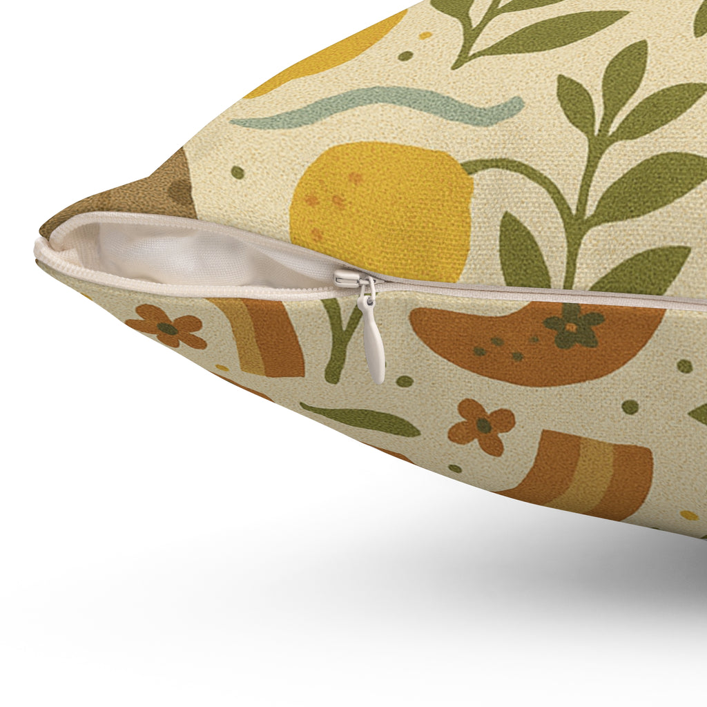 Boho Lemon Square Pillow  Decorative Throw Pillow with Yellow Lemons, Olive Branches & Floral Accents, Cozy Polyester Cover, Double-Sided Print, Zippered Bedroom, or Reading Nook