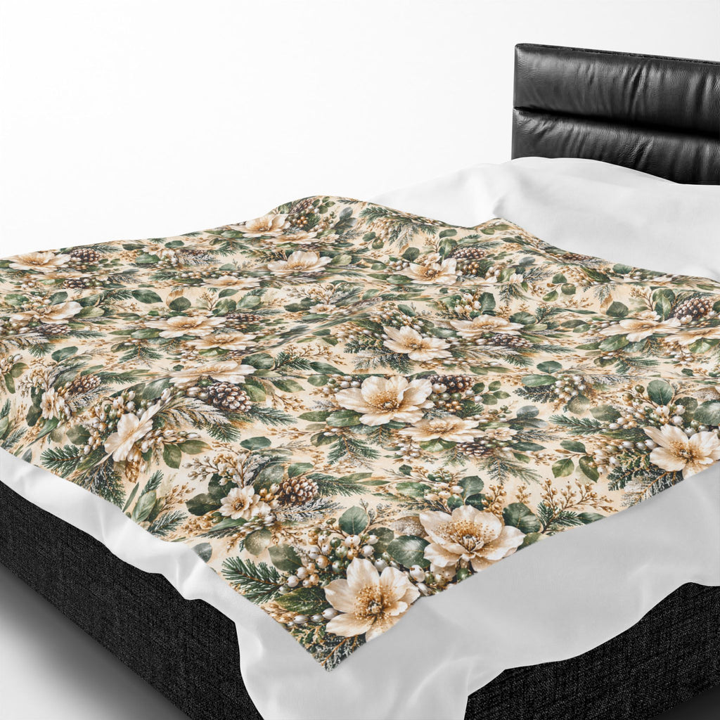 Sage Green & Champagne Floral Velveteen Plush Throw Blanket