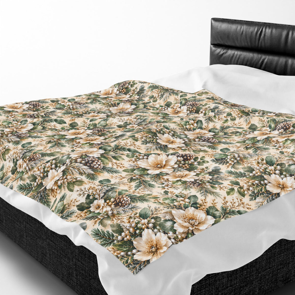 Sage Green & Champagne Floral Velveteen Plush Throw Blanket