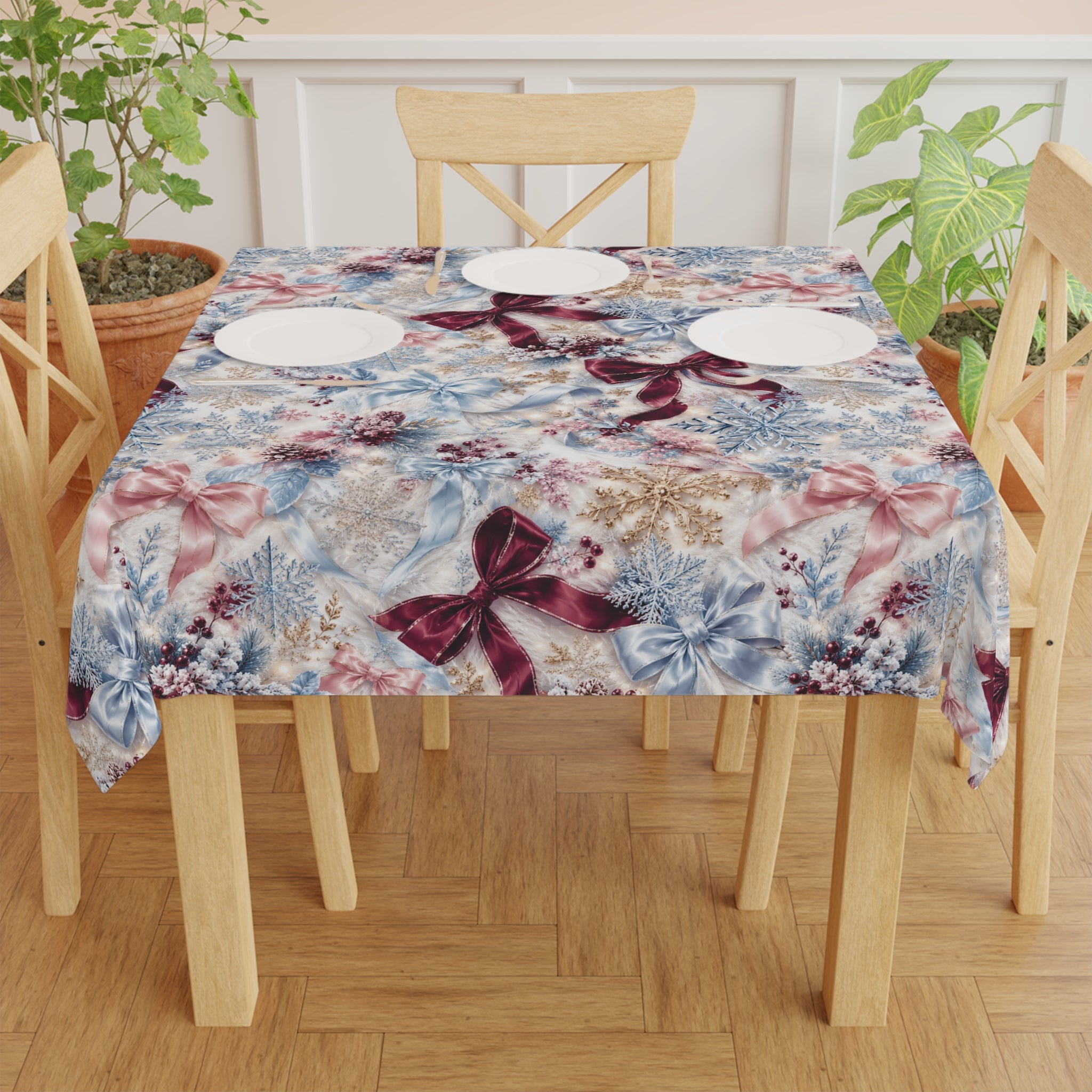 Winter Floral Bow Tablecloth | Holiday Icy Blue Pinks and Ribbon Pattern