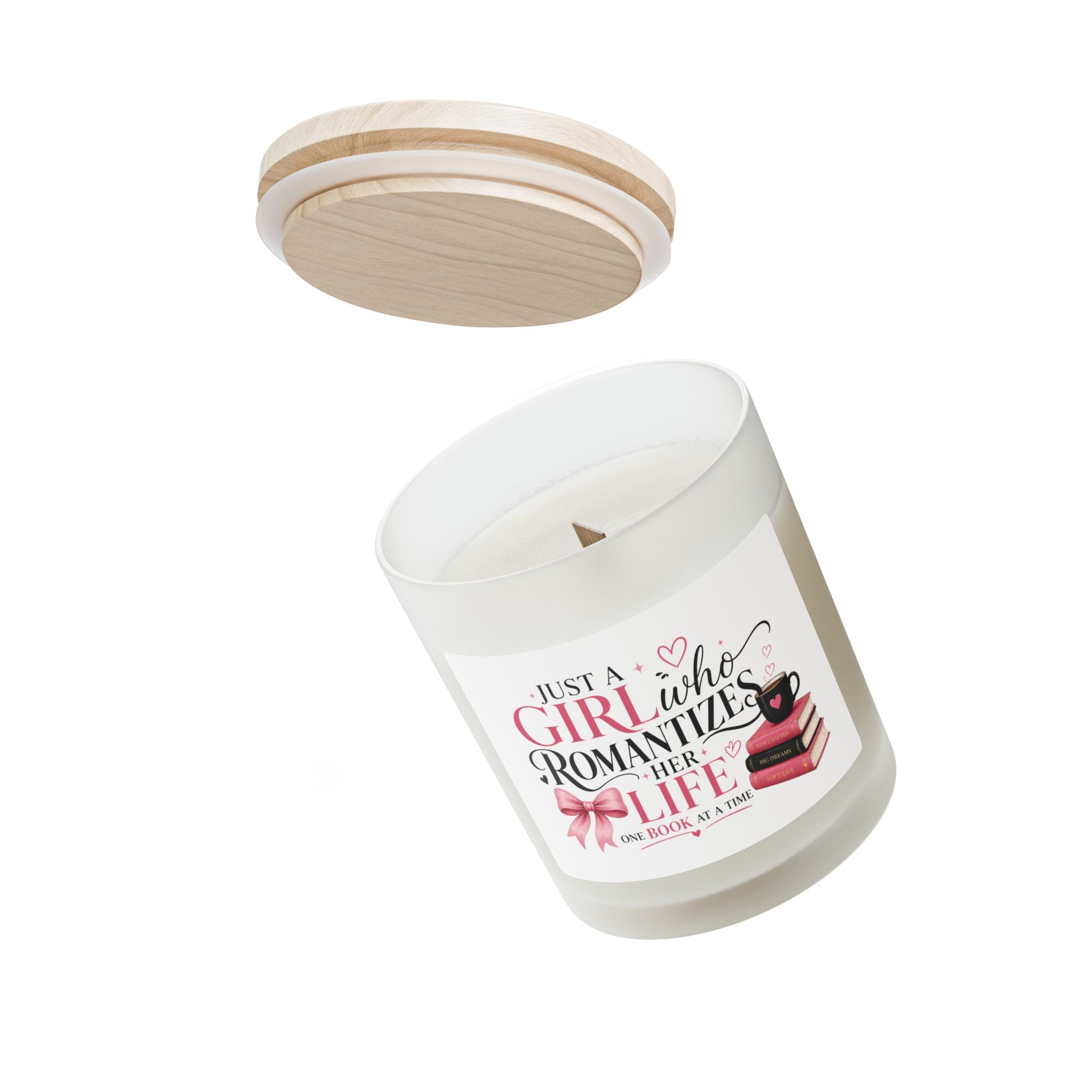 Romanticizes Her Life Candle — Frosted Glass 11oz ("Just a Girl Who Romanticizes her Life One Book at a Time")
