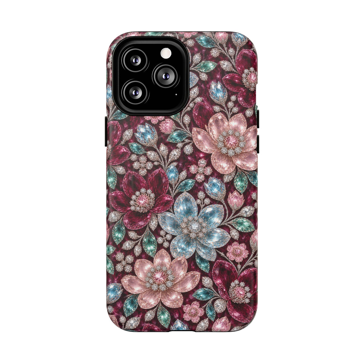 Floral faux Jewel Phone Case Sparkling Burgundy Flower Tough Magnetic Case 18 iPhone