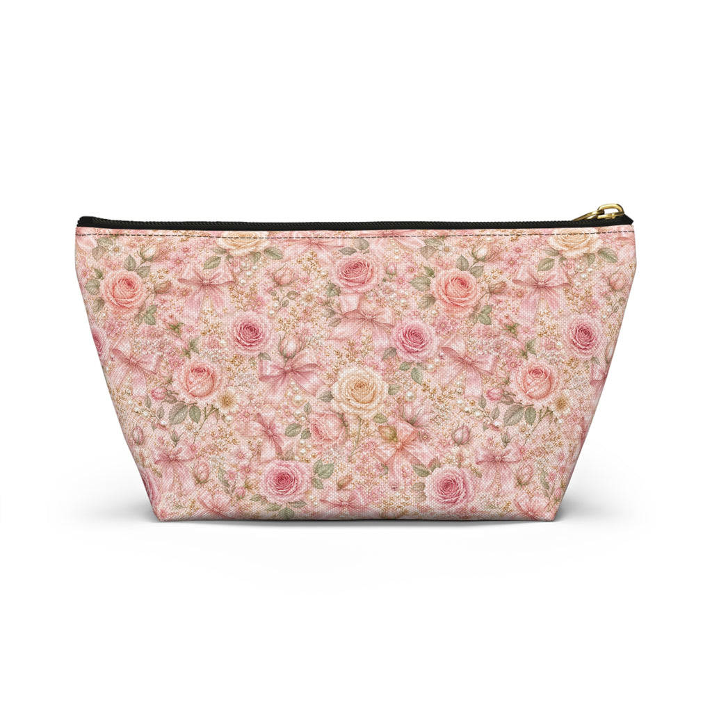 Trousse de Maquillage Nœud en Satin et Rose Poudré, Pochette Cosmétique Fleurie Coquette de Luxe, Organisateur de Voyage Élégant