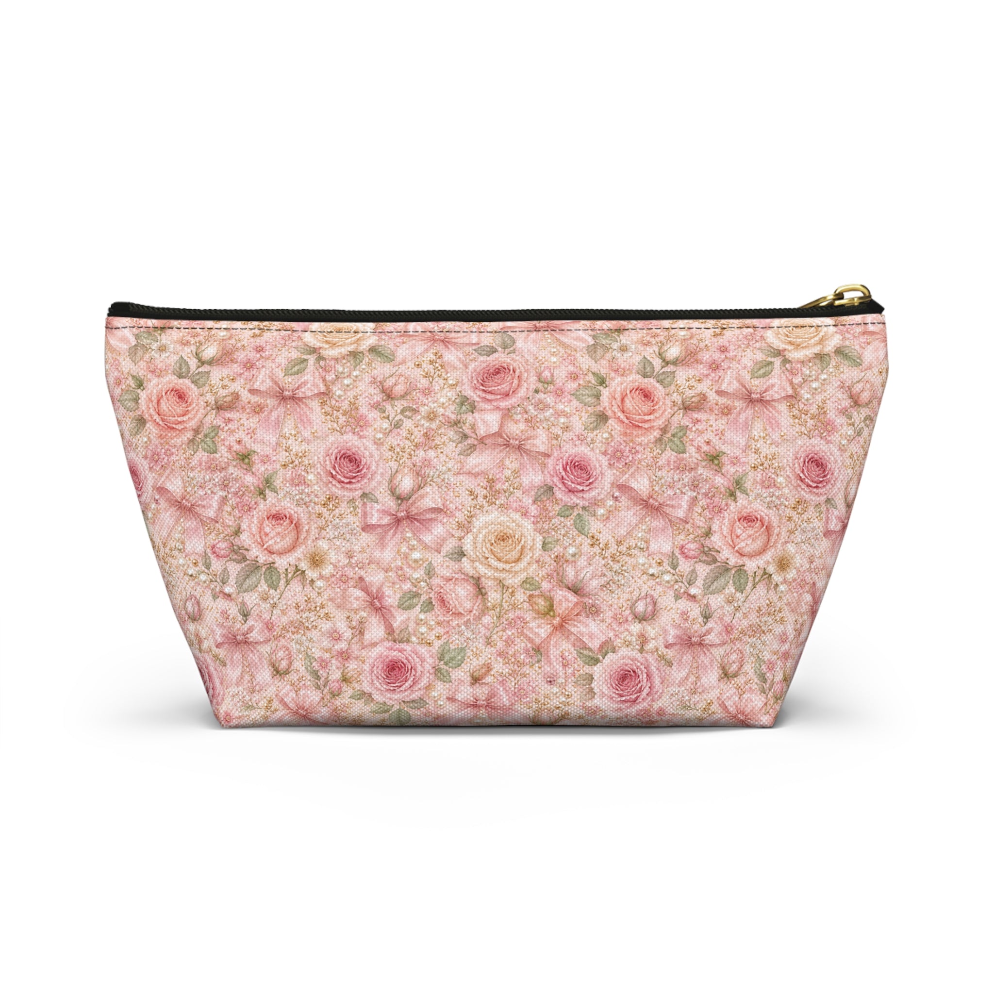 Trousse de Maquillage Nœud en Satin et Rose Poudré, Pochette Cosmétique Fleurie Coquette de Luxe, Organisateur de Voyage Élégant