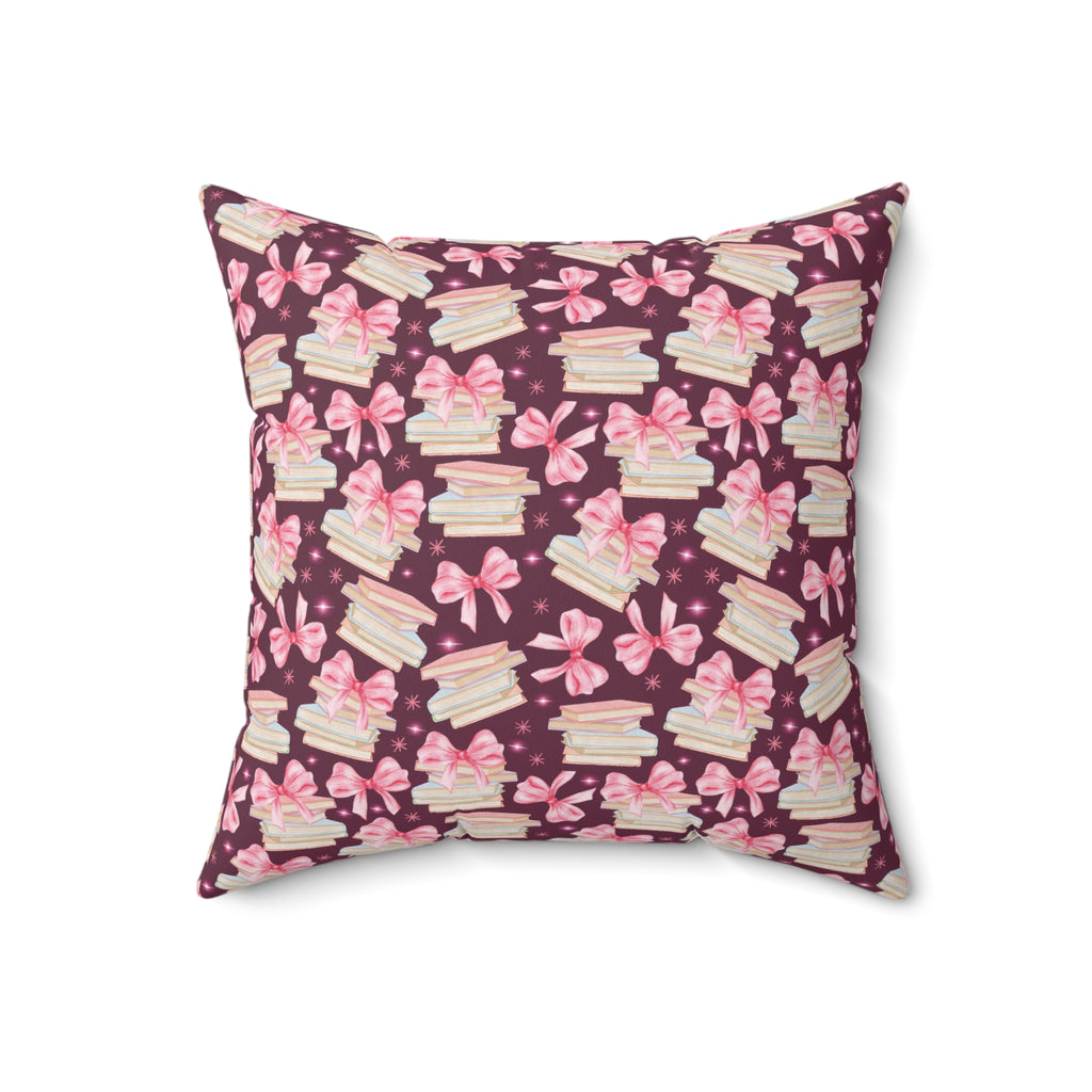 Boho Elegant Coquette Pink Bows & Books Square Pillow Vibrant Floral Design Soft and Stylish Decorative Throw Pillow for Boho-Inspired Home Décor Bridal Shower