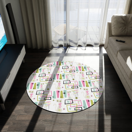 Mid-Century Modern 60" Round Rug  Pastel Atomic Kitty Cats Design, Retro 50s Style, Ideal for Living Room or Bedroom Decor Comfort to Any Space