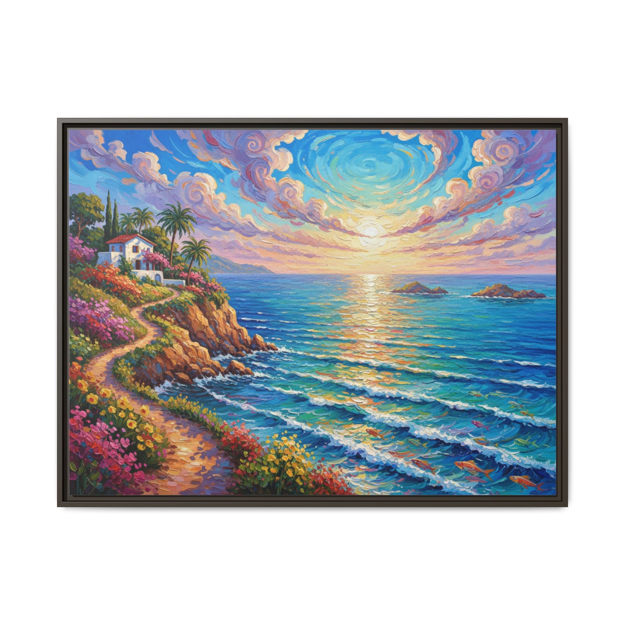 Ocean Floral Print Canvas | Bright Colorful Seascape Wall Art, Framed Matte Office Art Work