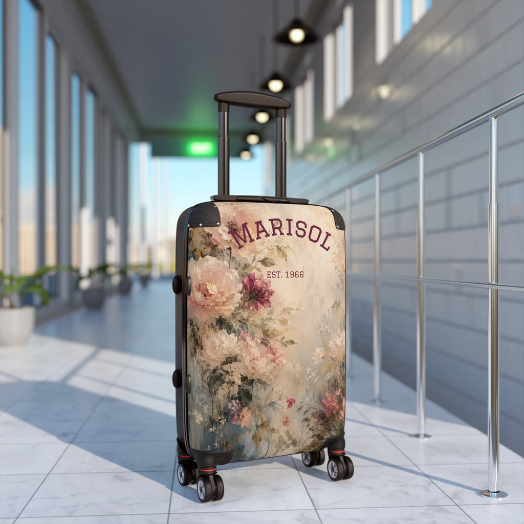Personalized Floral Suitcase Cover — "Custom Name" Vintage Roses Travel Luggage