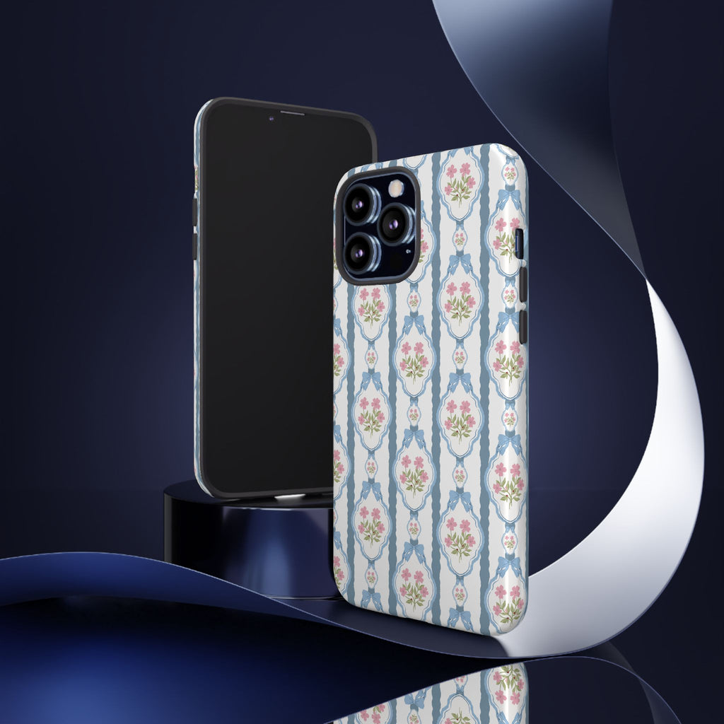 Coque de téléphone Vintage Nœud Bleu et Rose — Motif floral romantique « Tough Cases »