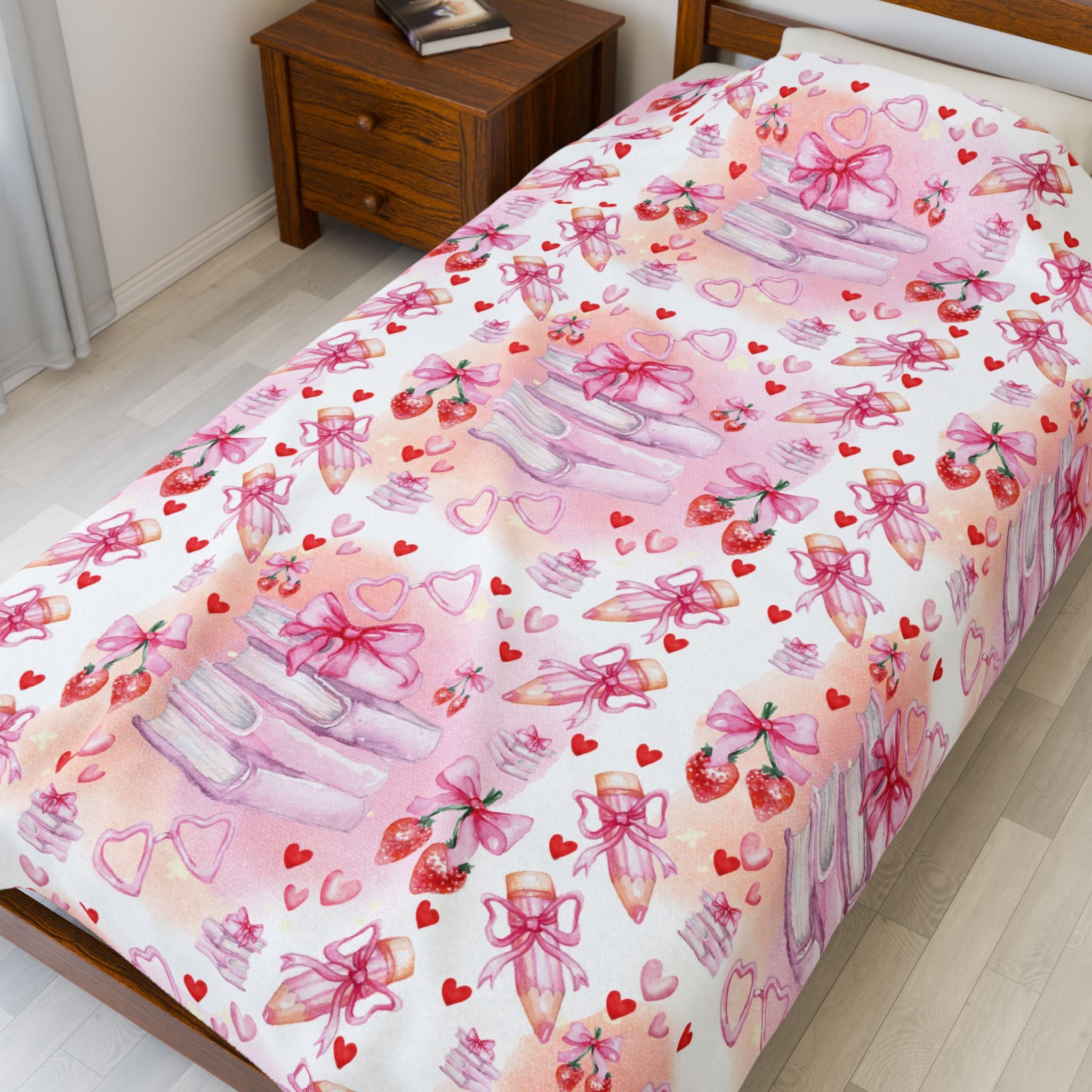 Romantic Pink Watercolor Books Bows Velveteen Plush Blanket Cozy Book Nook
