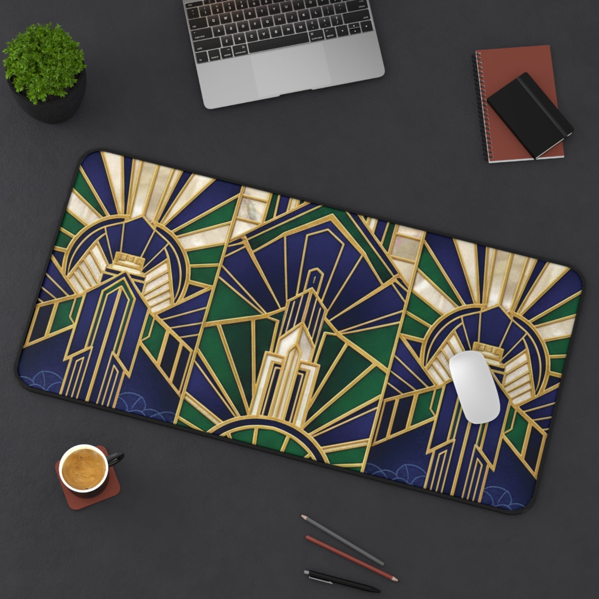 Imperial Art Deco Desk Mat – Gold & Navy Geometric Executive Pad