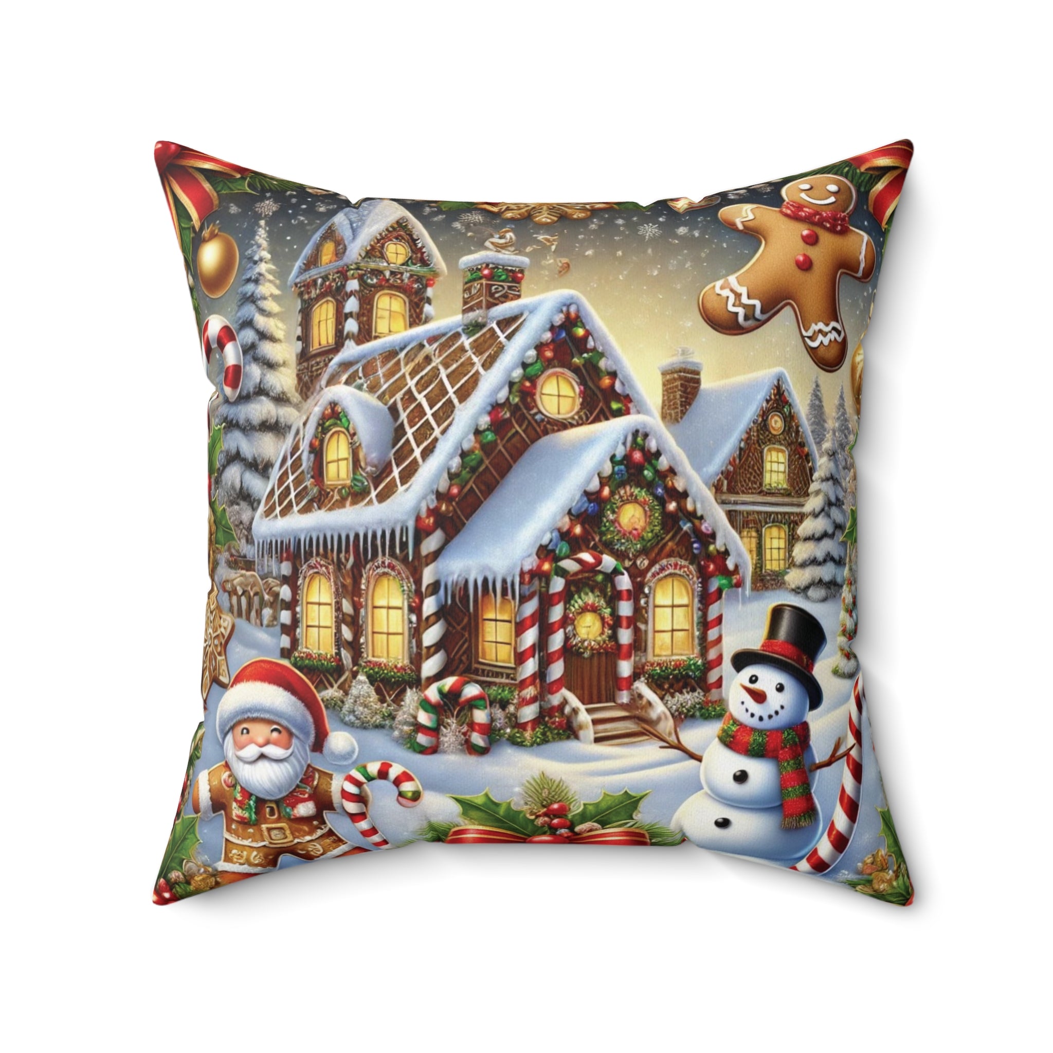 Holiday Throw Pillow - Gingerbread House, Snowman & Candy Cane Design, Festive Christmas Decor, Cozy Accent for Living Room or Bedroom - MRSBYVALLE