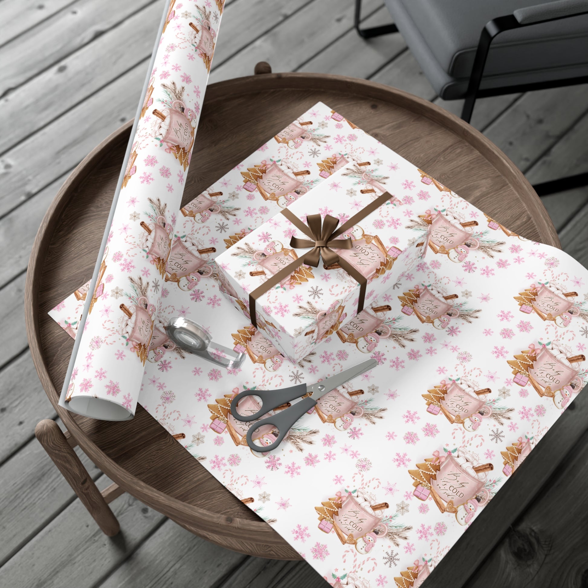 Baby it's Cold Outside Pink and White Wrapping Paper - Festive Holiday Design, Premium Quality, 100% Recyclable, Perfect for Christmas Gifts and Special Occasions - MRSBYVALLE