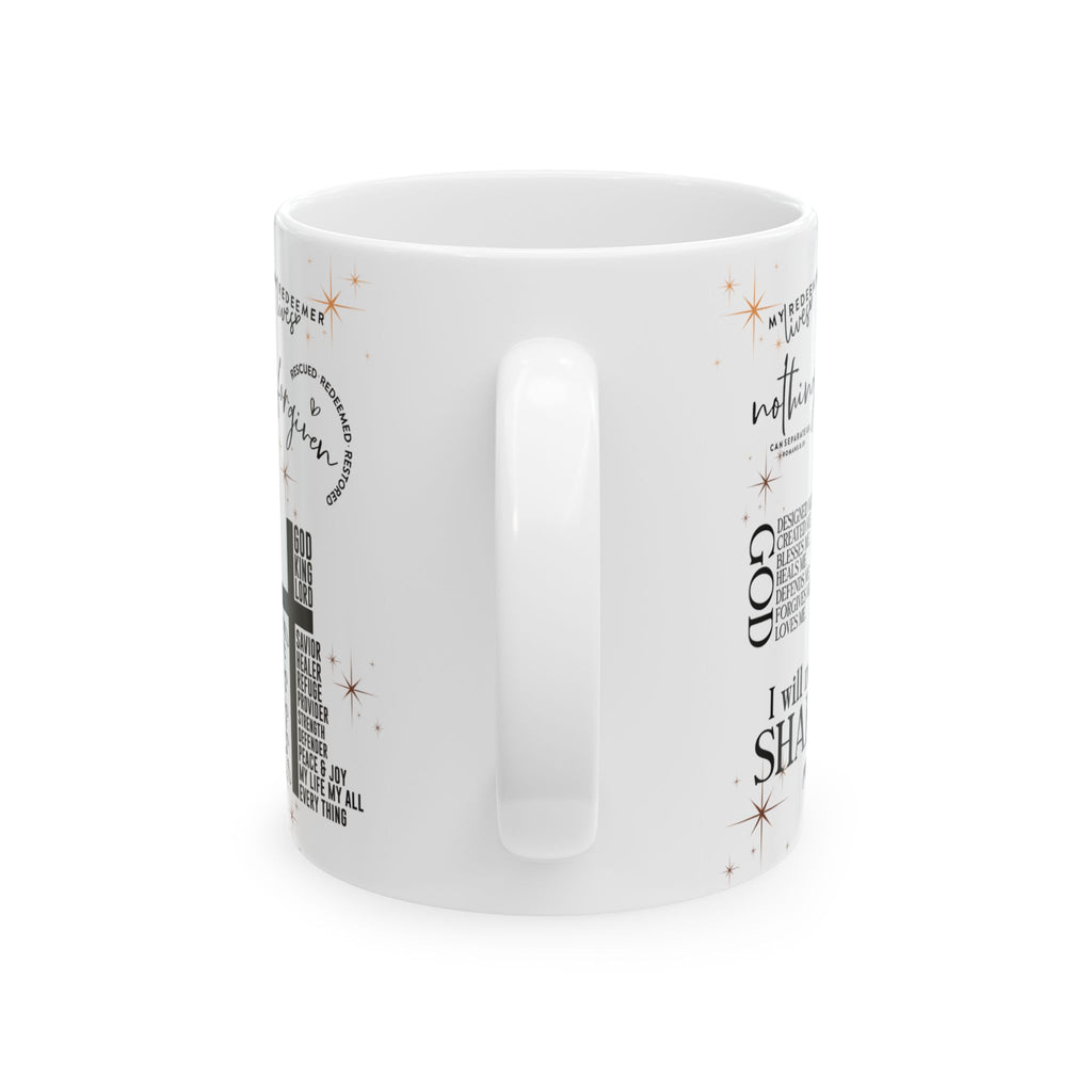 White mug with text and star designs on a white background