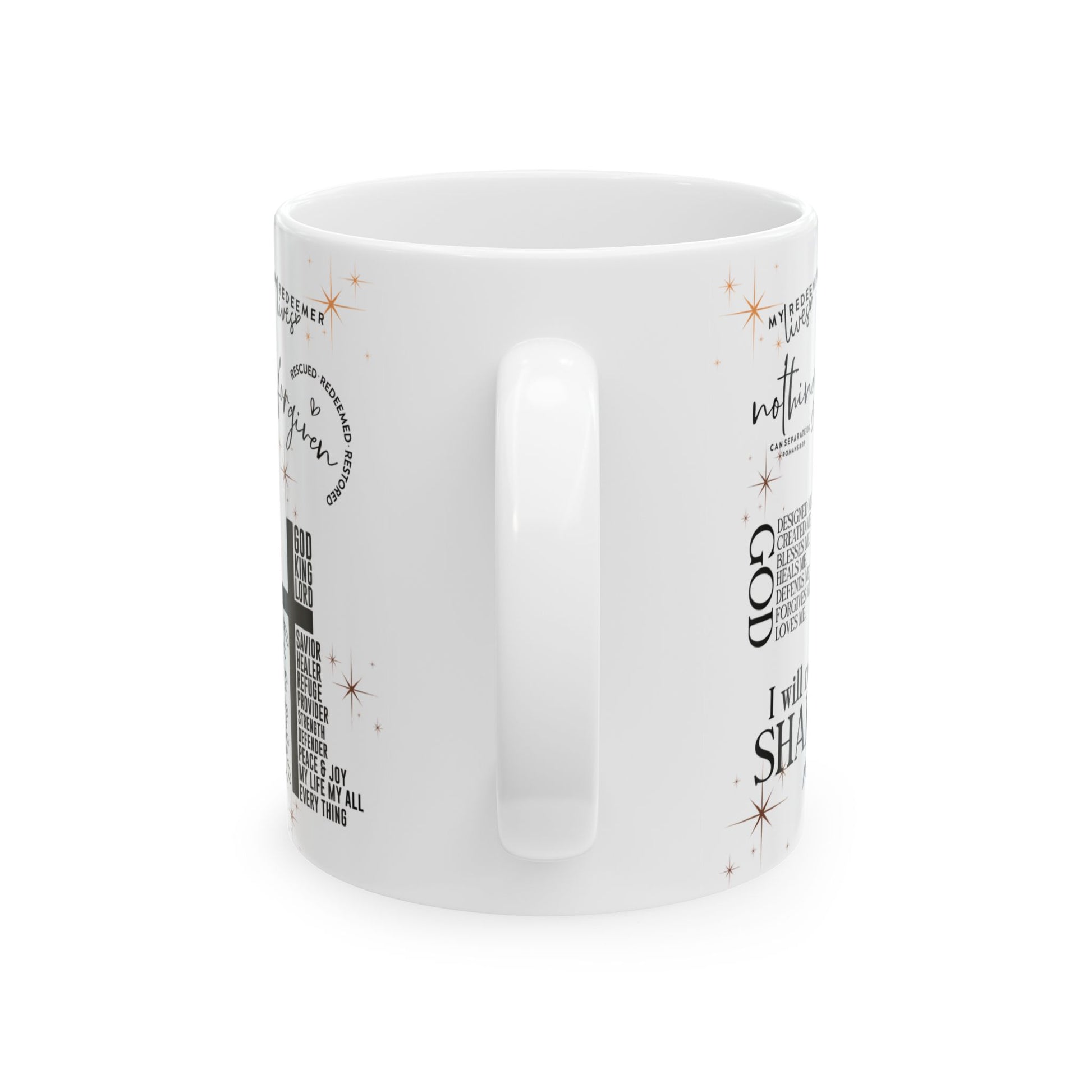 White mug with text and star designs on a white background