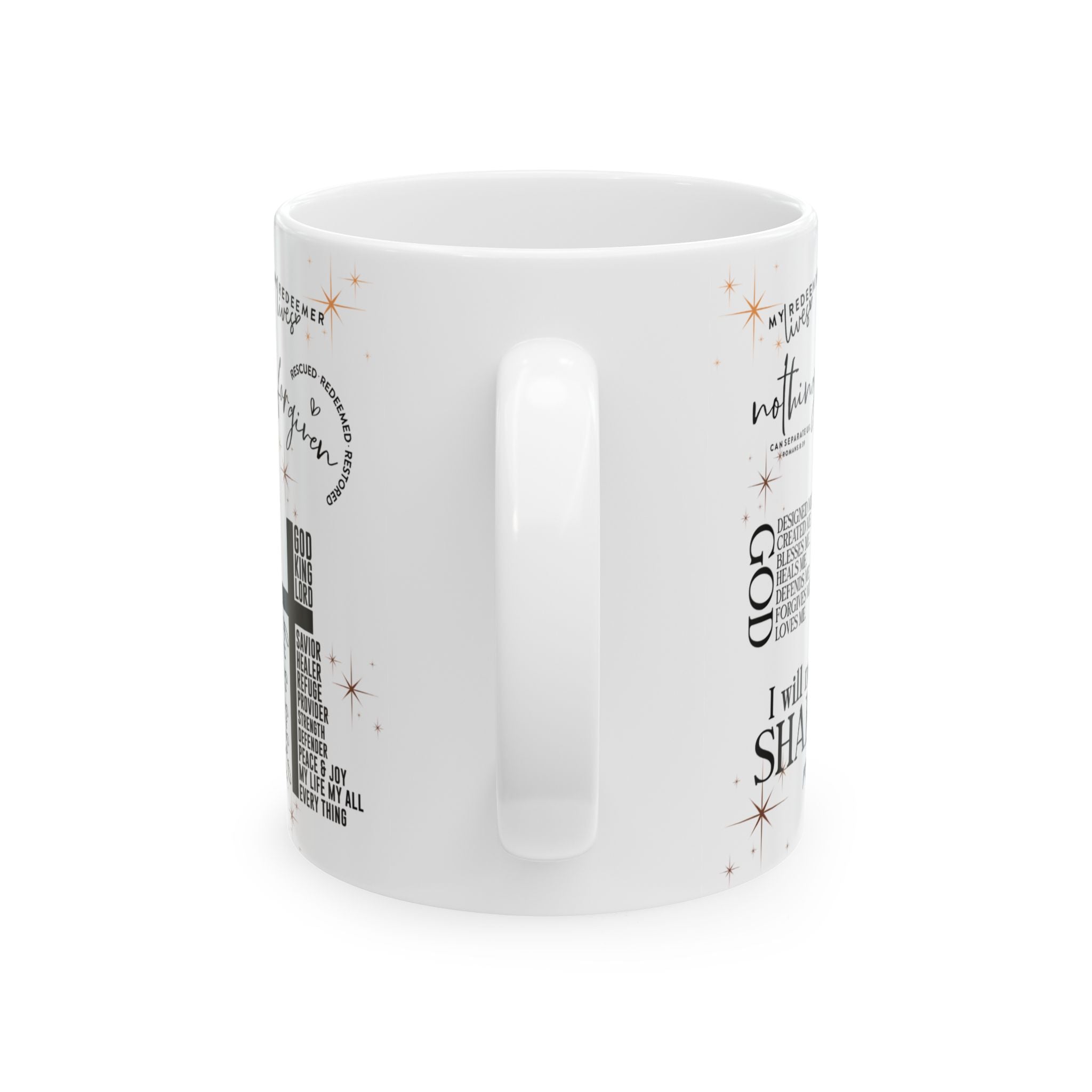 White mug with text and star designs on a white background