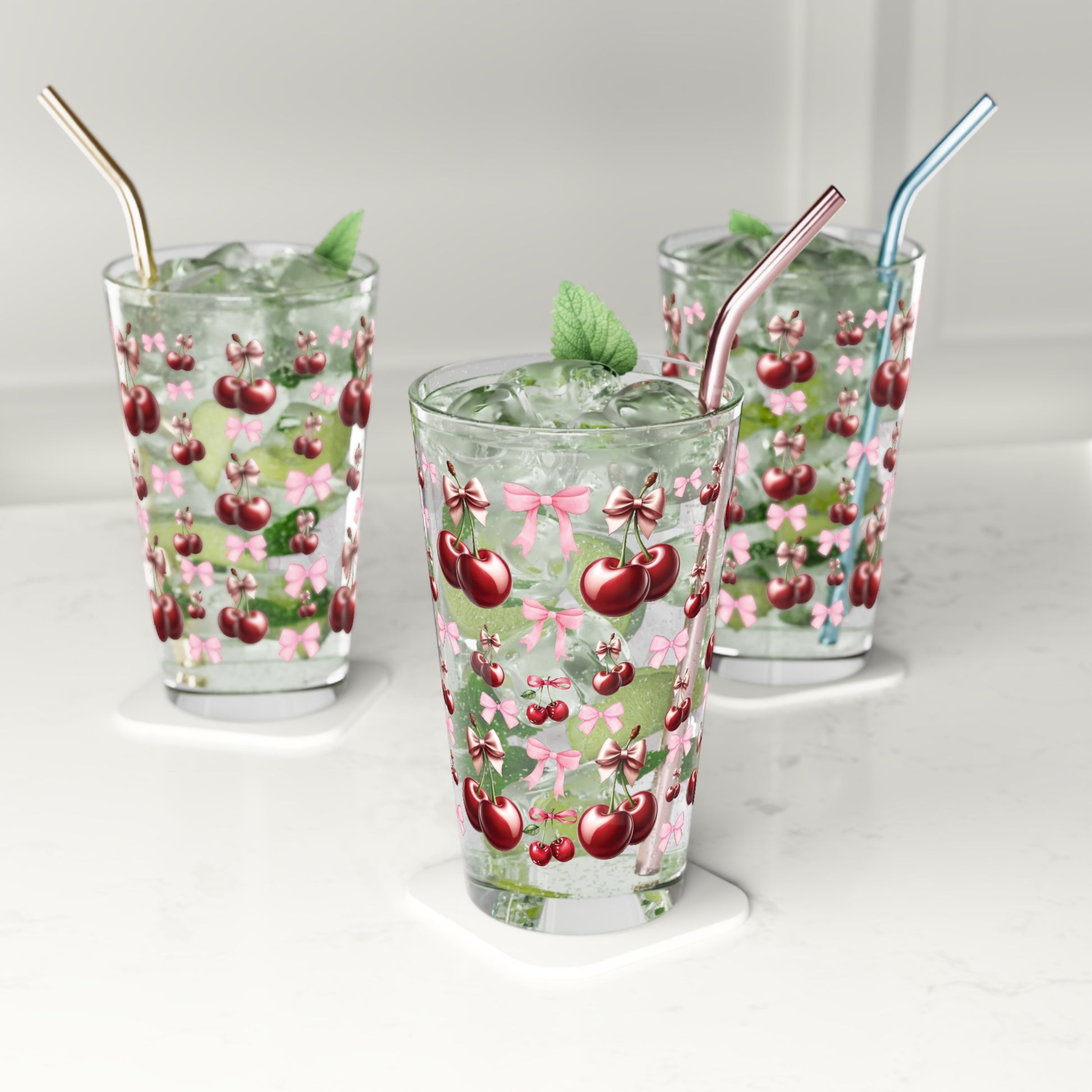 Cherry and Pink Bow 16 oz Pint Glass Elegant Drinkware for Everyday Use | Perfect for Home Perfect for Every Occasion Mother's Day Party Drinkware, Housewarming Perfect Gift Party Drinkware, Cocktail, Wedding Perfect for Parties - MRSBYVALLE