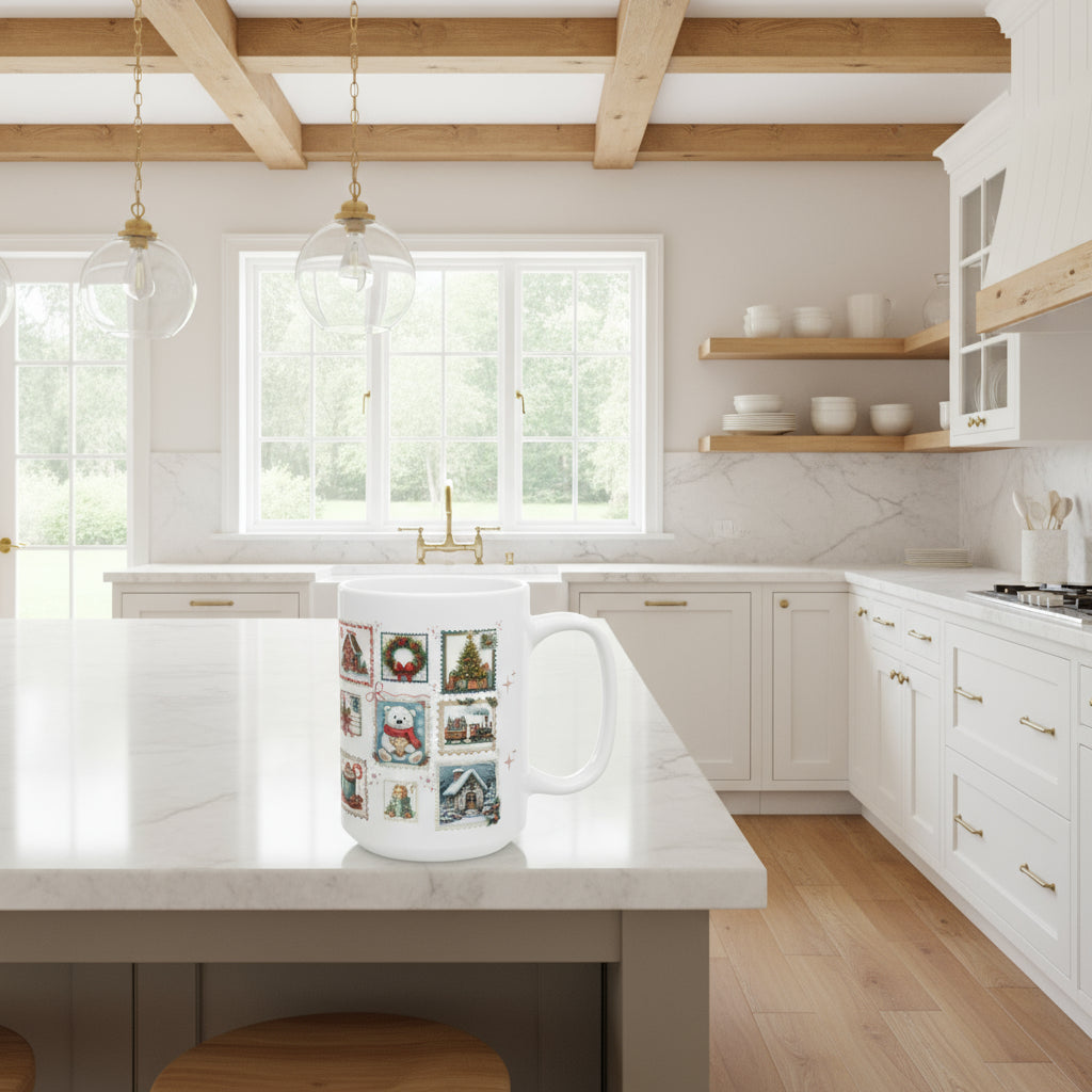 White mug with Christmas-themed design featuring stamps on a white background