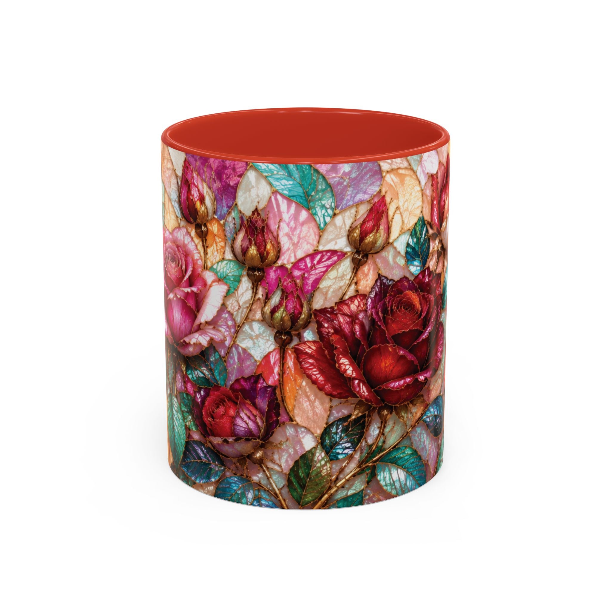 Floral Stained-Glass Accent Coffee Mug Colorful Rose Pattern (11/15 oz) Gift for Her